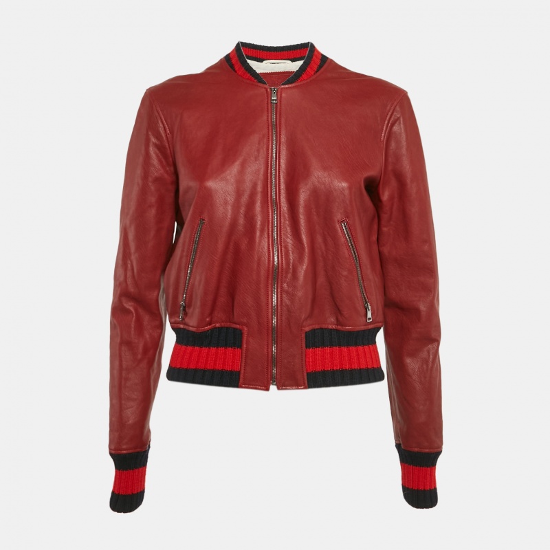 

Gucci Burgundy Dragonfly Embellished Leather Zip-Up Bomber Jacket M