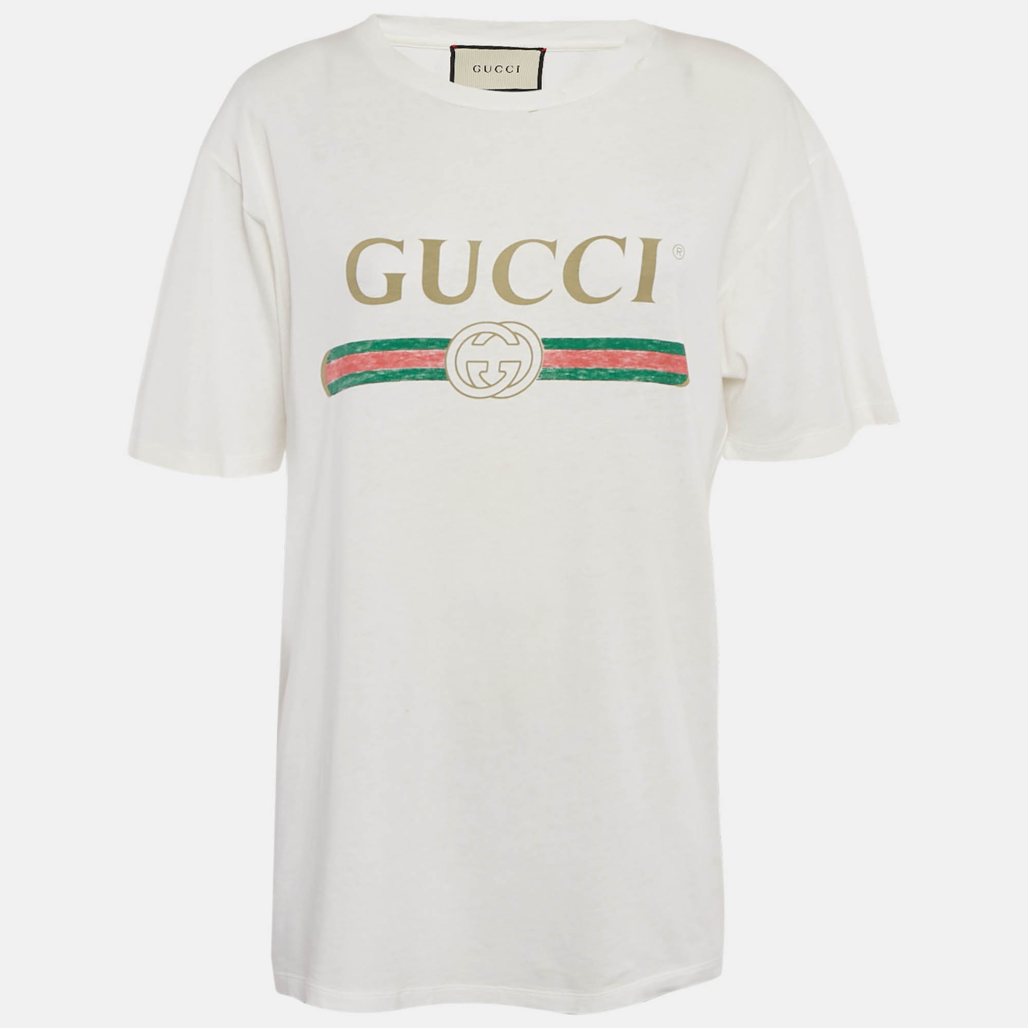 

Gucci White Logo Print Cotton Floral Applique Detail Distressed T-Shirt S