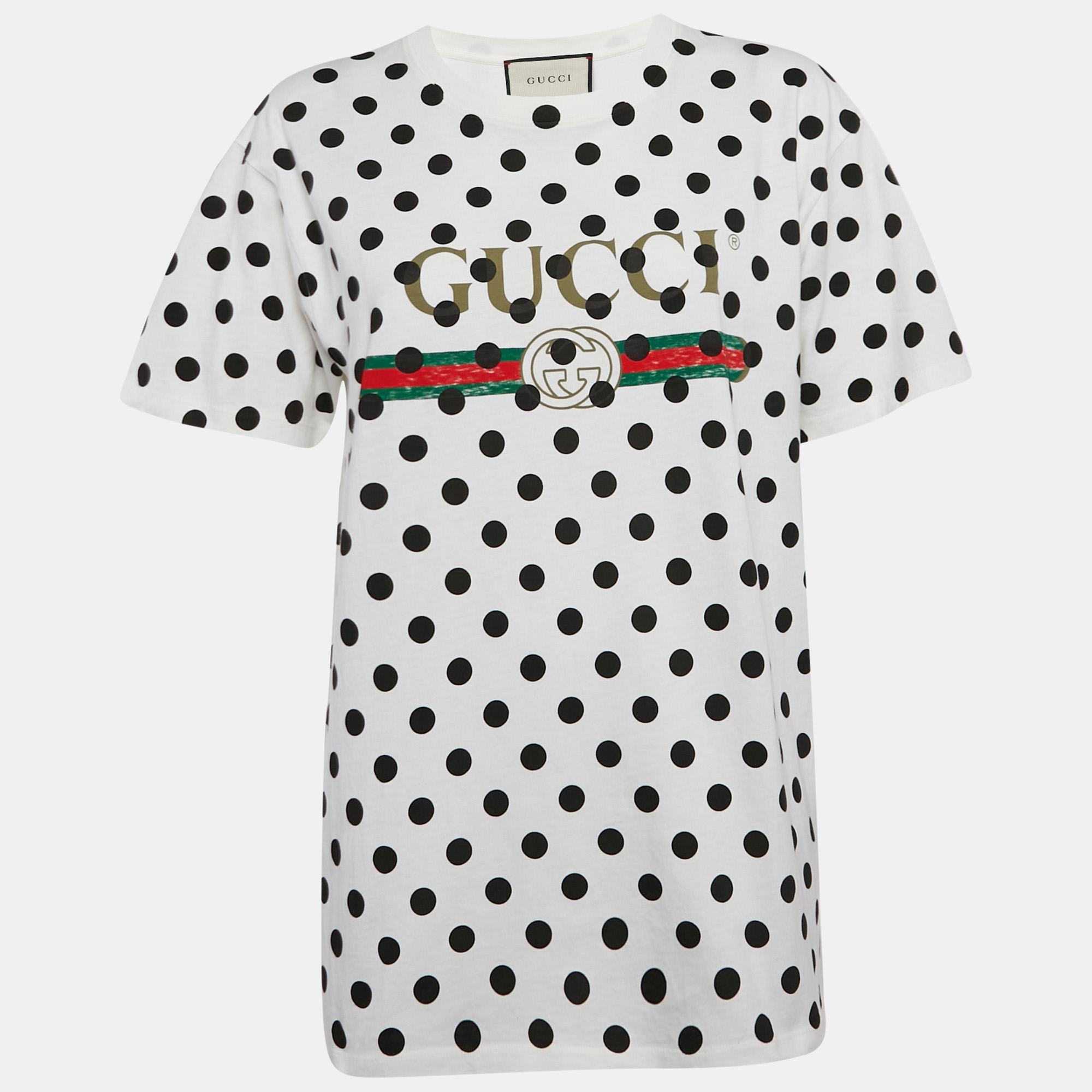 

Gucci White Polka Dot Logo Print Cotton Crew Neck T-Shirt XS