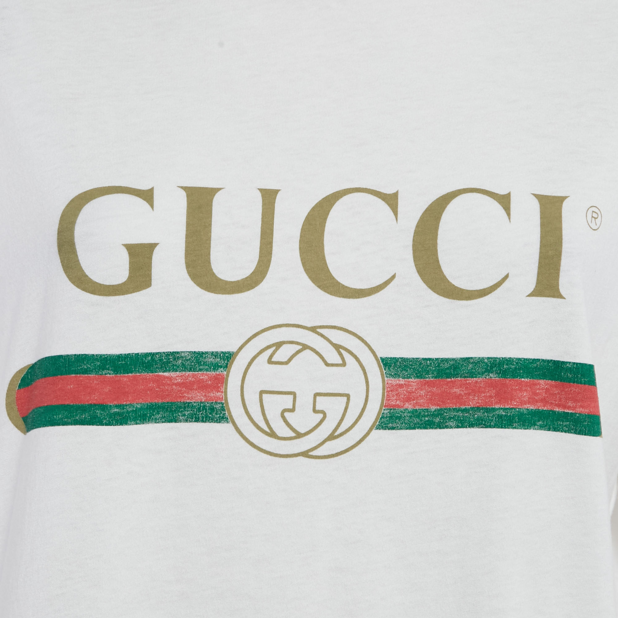 Gucci White Vintage Logo Print Cotton Distressed Oversize T-Shirt XS 