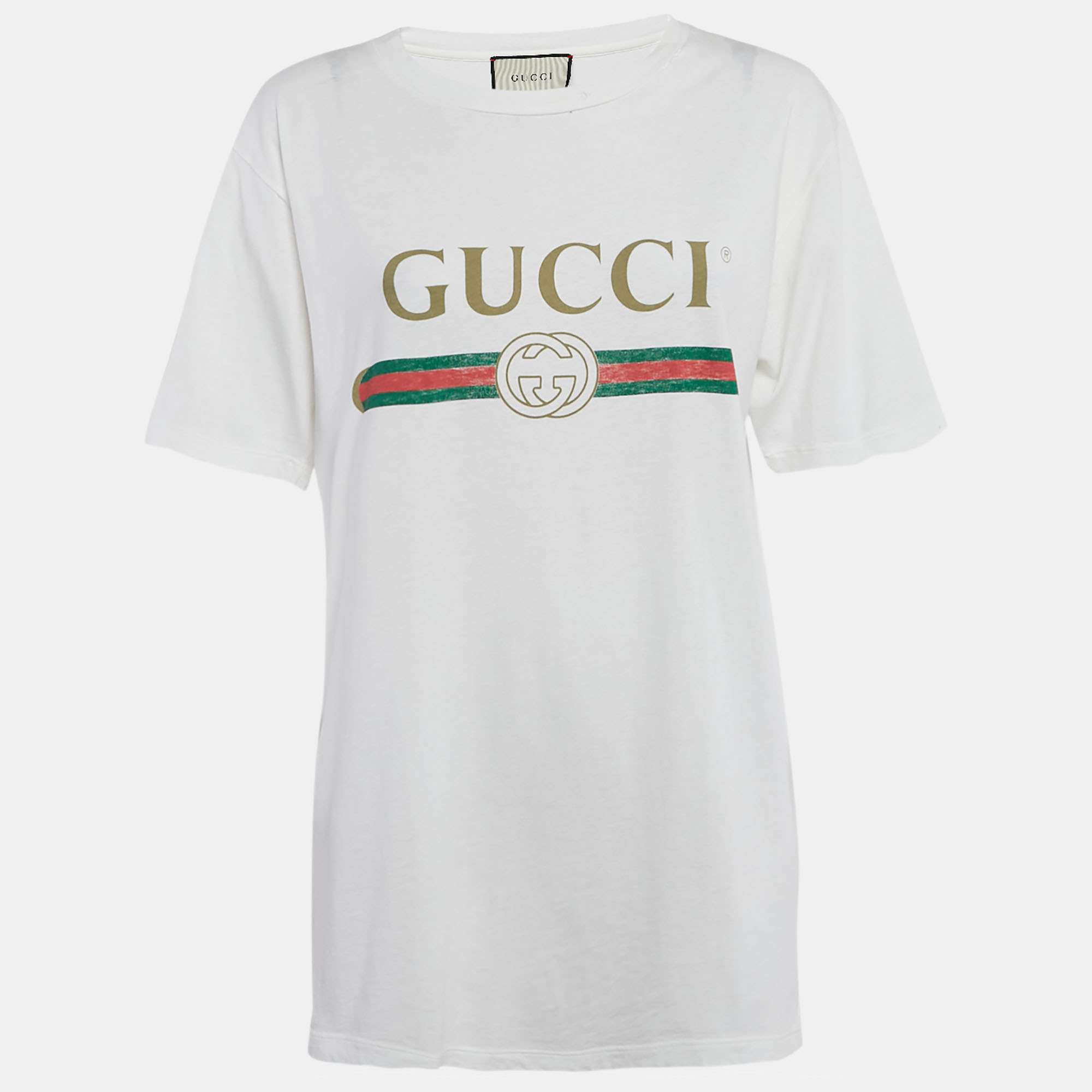 

Gucci White Vintage Logo Print Cotton Distressed Oversize T-Shirt XS