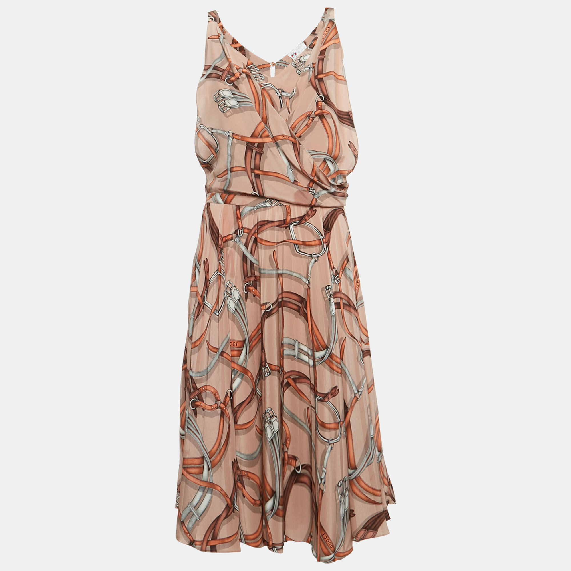 

Gucci Equestrian Peach Belt Print Silk Midi Dress S, Pink