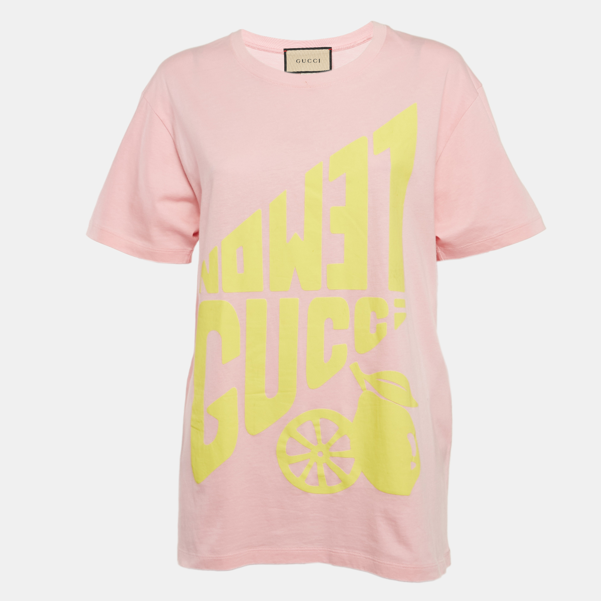 

Gucci Pink Lemon Gucci Print Jersey Crew Neck T-Shirt XS