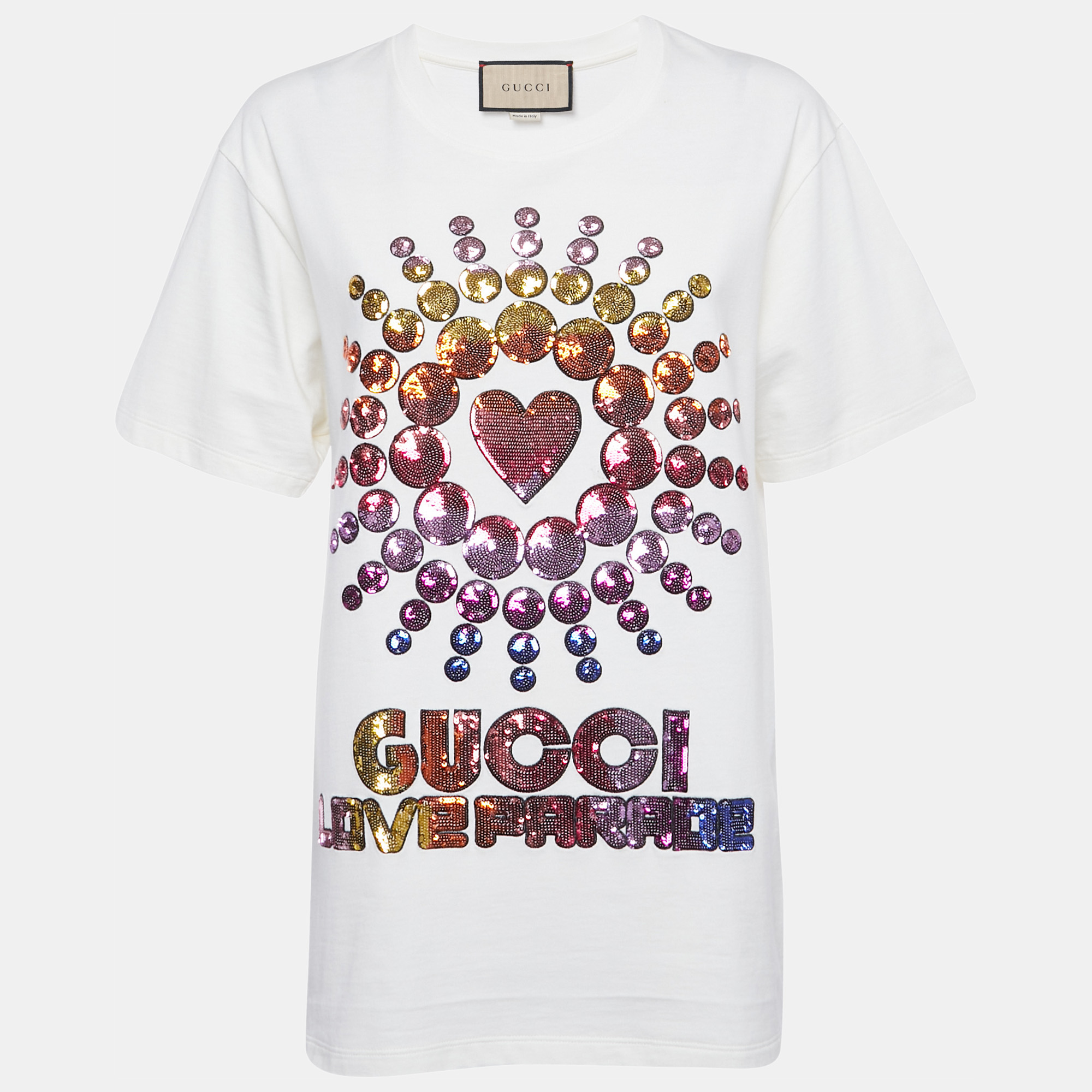 

Gucci Off White Love Parade Sequin Detail Jersey T-Shirt XS