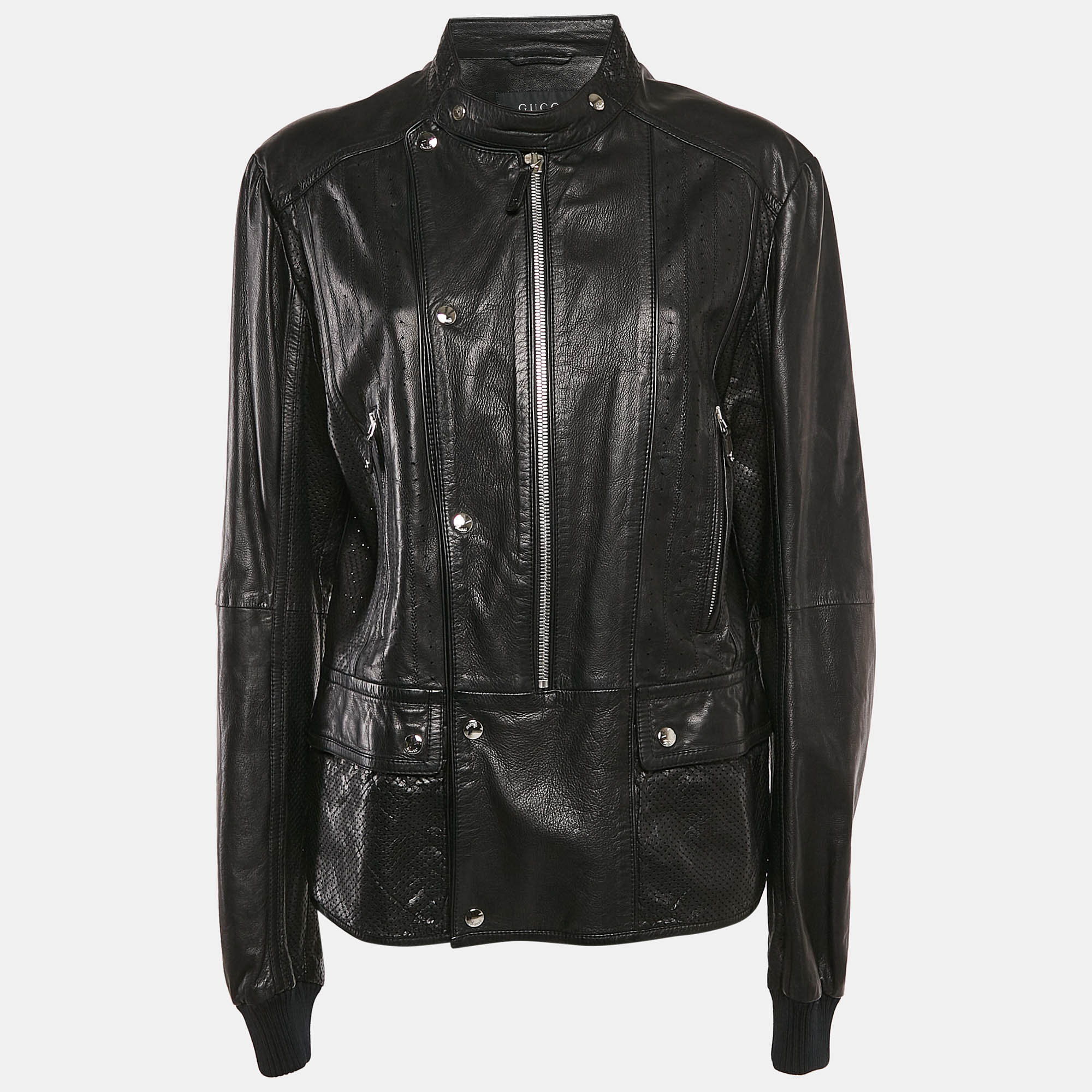 

Gucci Pinhole Pattern Leather Zip-Up Jacket XL, Black