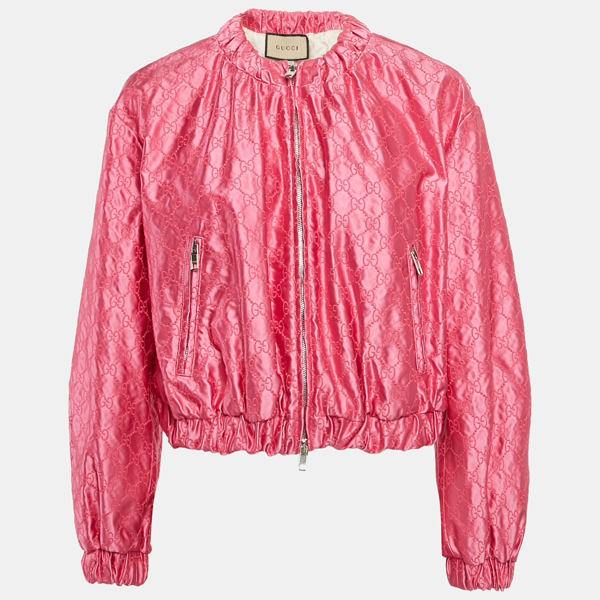 

Gucci Pink GG Embroidered Silk Zip-Up Bomber Jacket M