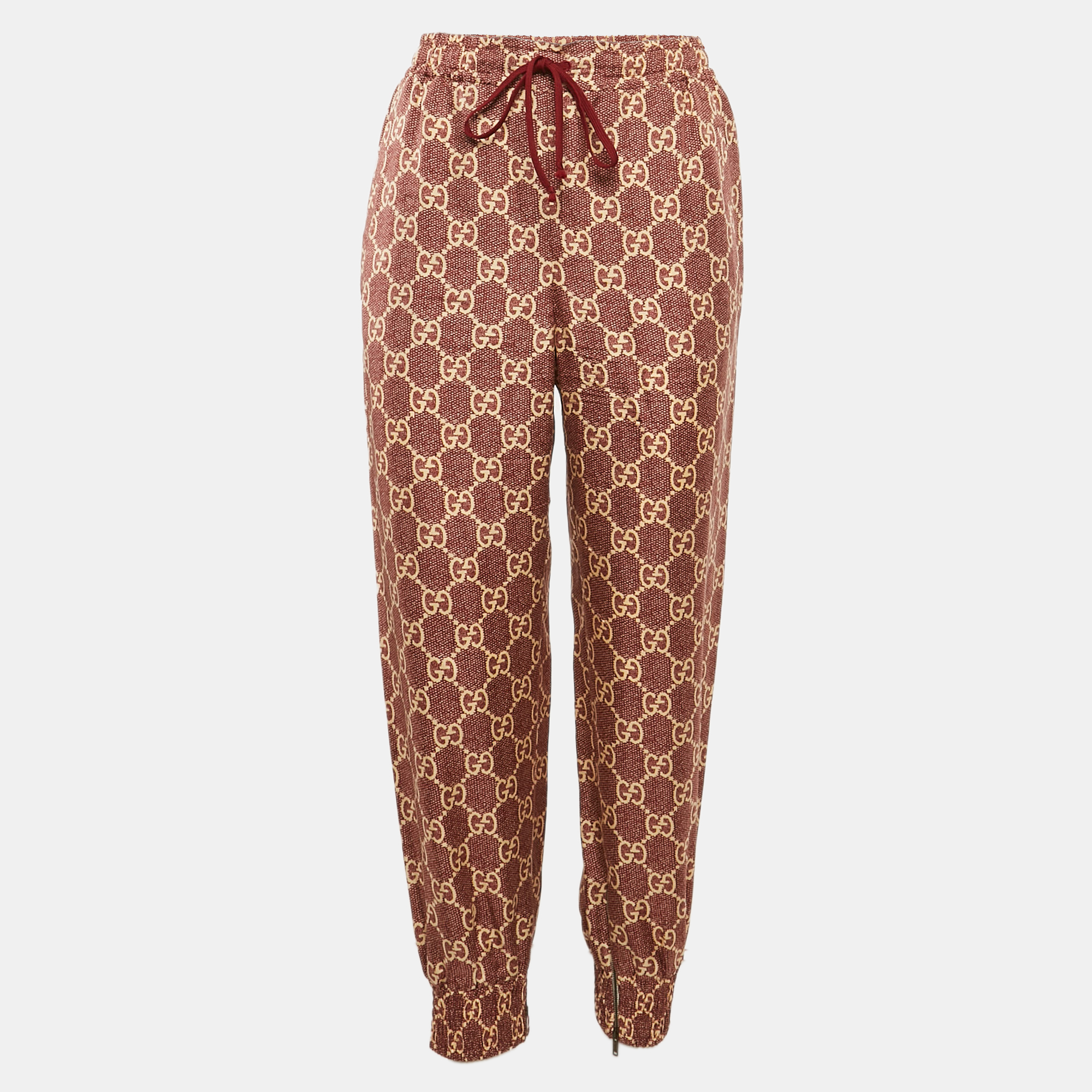 

Gucci Red/Beige GG Supreme Printed Silk Joggers S