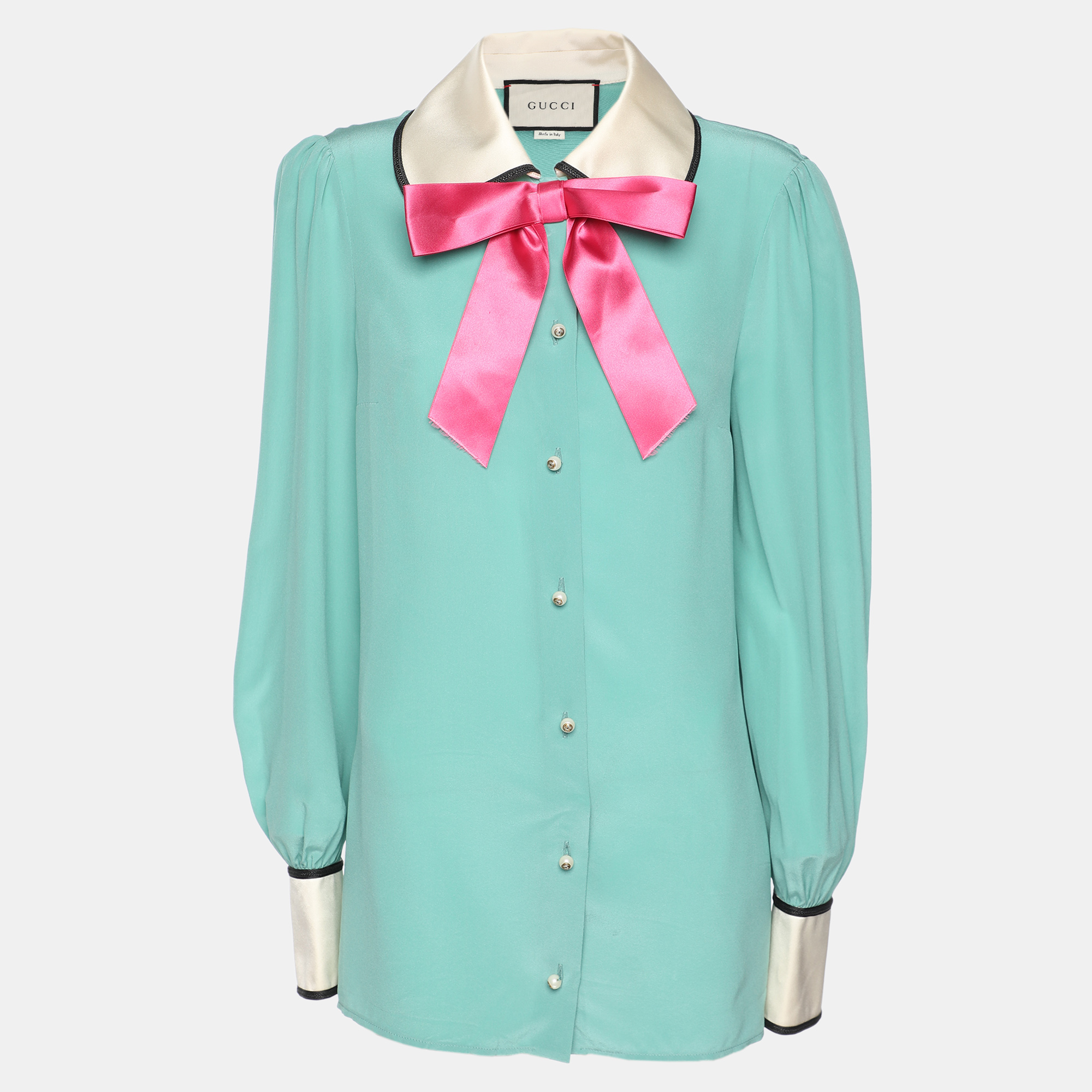 

Gucci Jade Green Silk Bow Detail Long Sleeve Blouse M