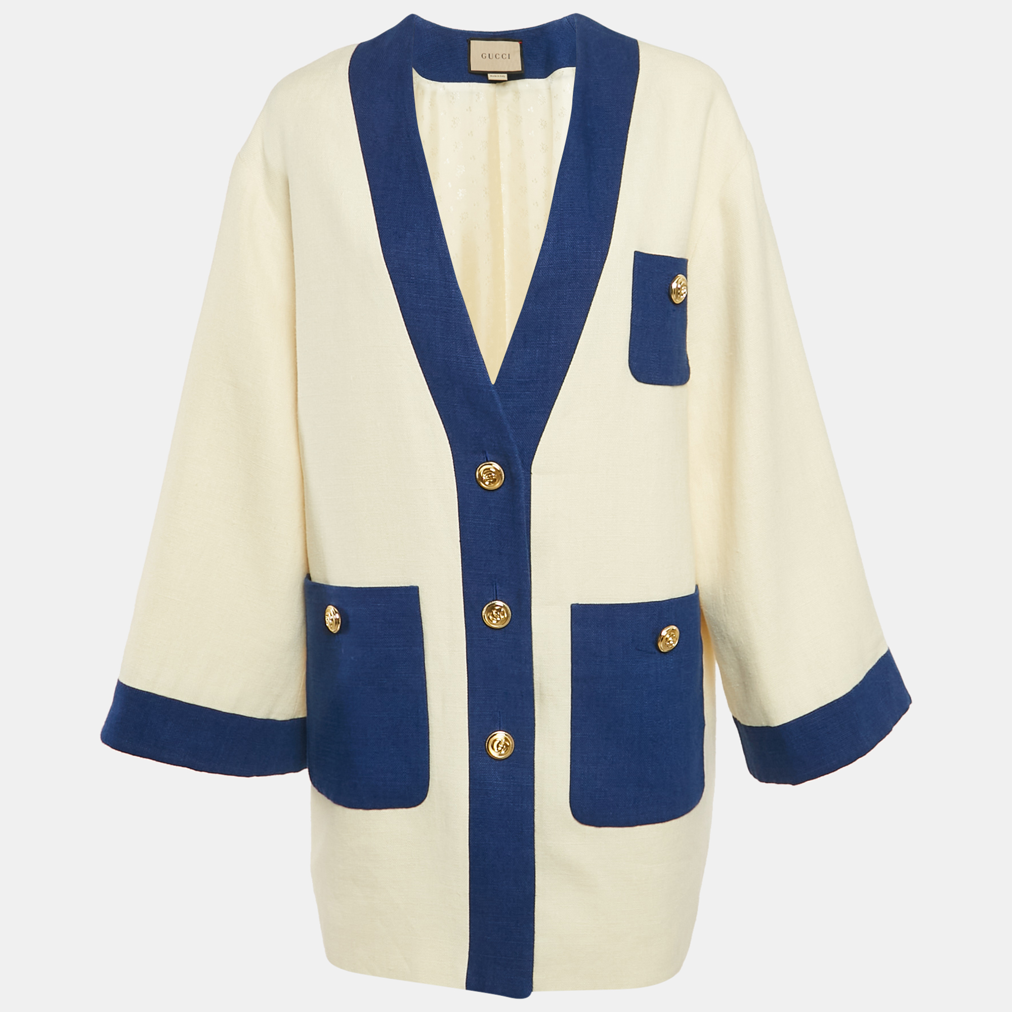 

Gucci White/Blue Linen Canvas Long Jacket M, Cream