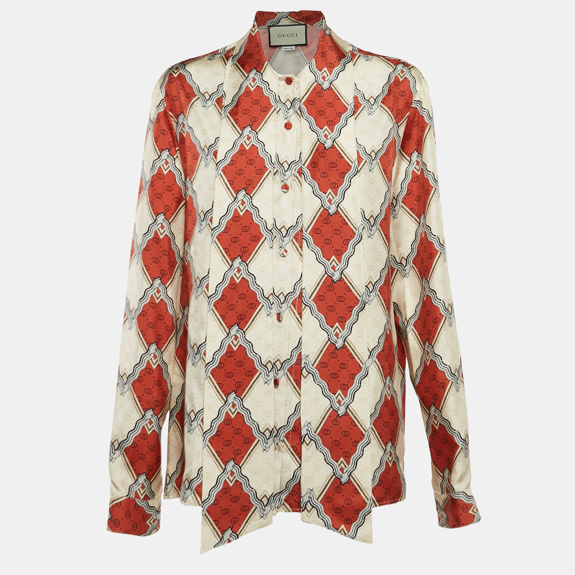 

Gucci Brown/Cream Printed Silk Tie-Up Neck Blouse M