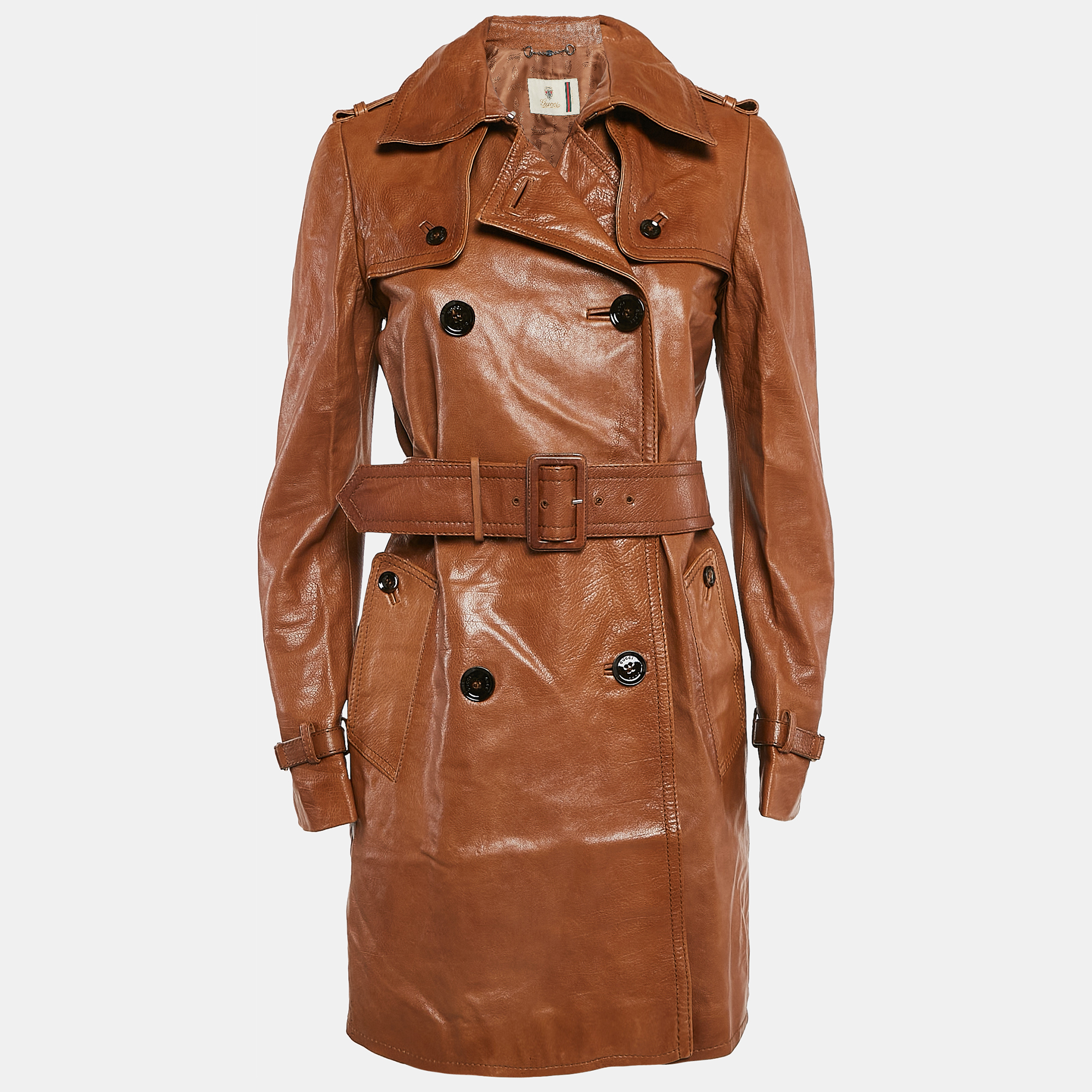 

Gucci Caramel Brown Leather Double Breasted Trench Coat S