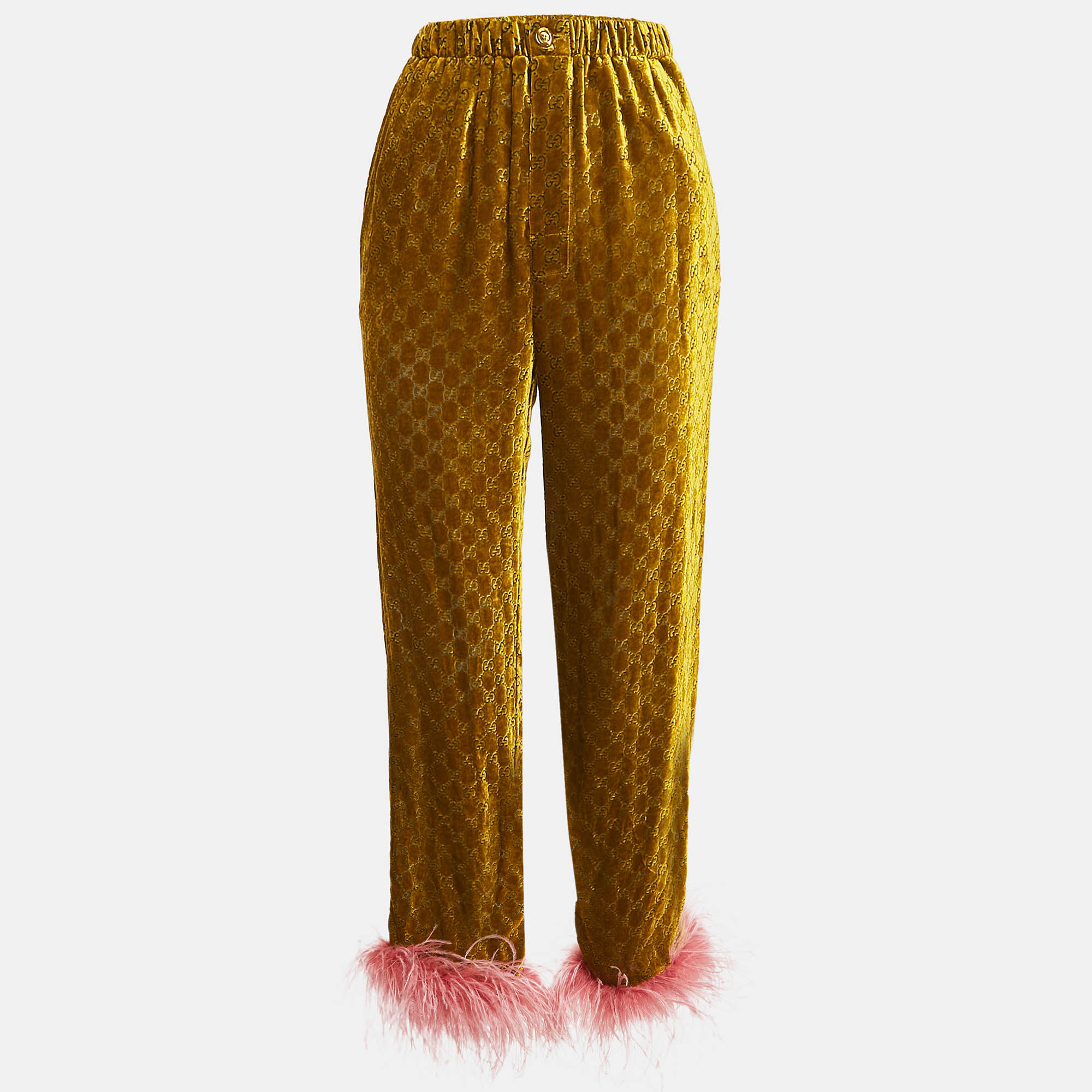 

Gucci Yellow GG Interlocking Feather Trim Devore Trousers XS