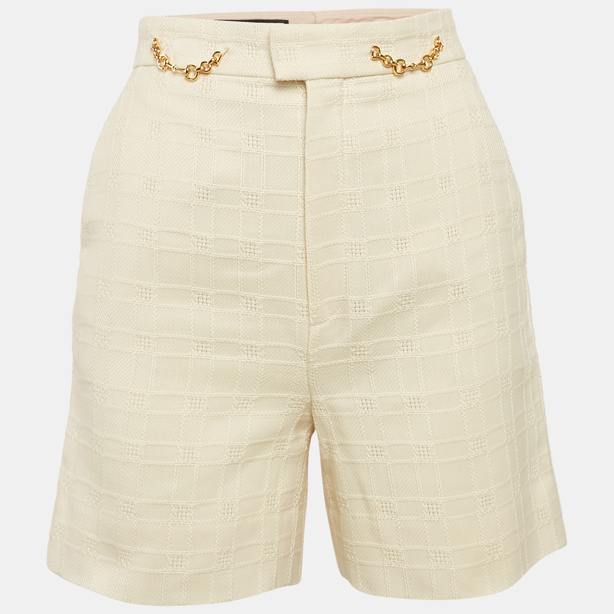 

Gucci Cream Textured Checks Cotton Horsebit Detail Bermuda Shorts S