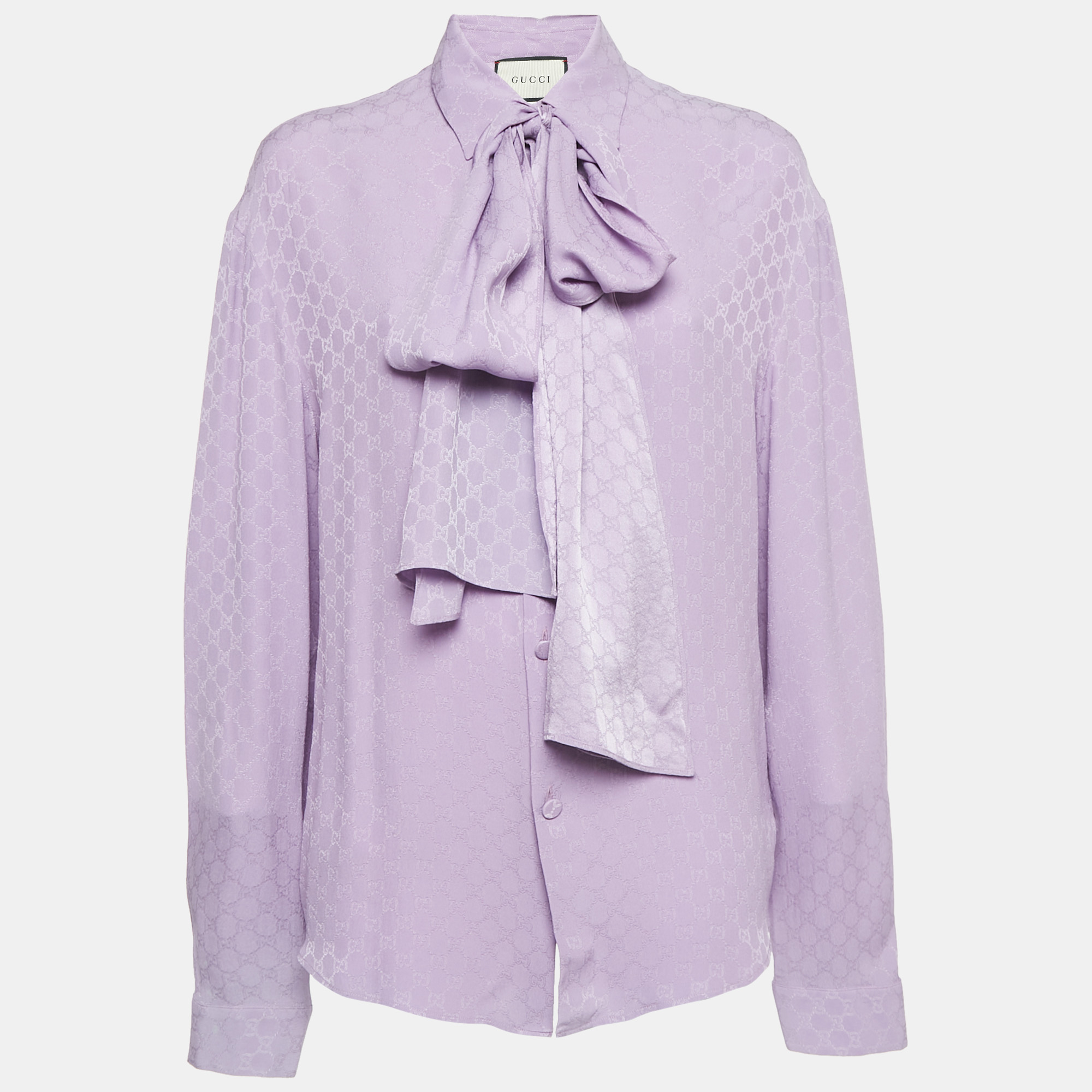 

Gucci Purple Monogram Jacquard Silk Neck Tie-Up Shirt L