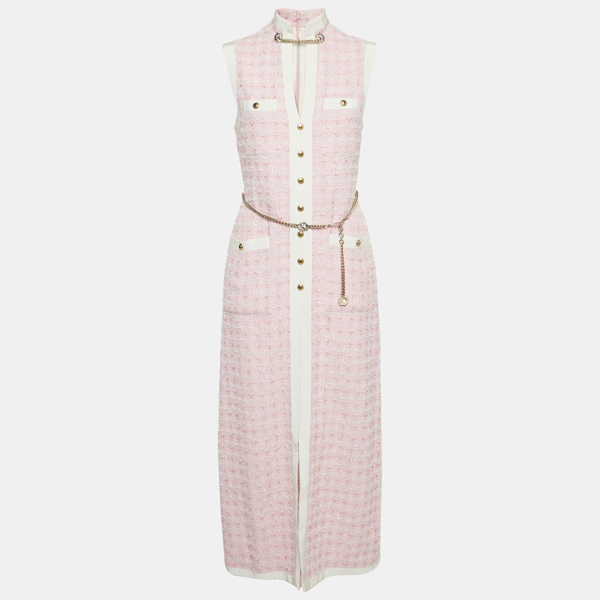 

Gucci Pink Tweed Chain Detail Belted Sleeveless Long Dress S