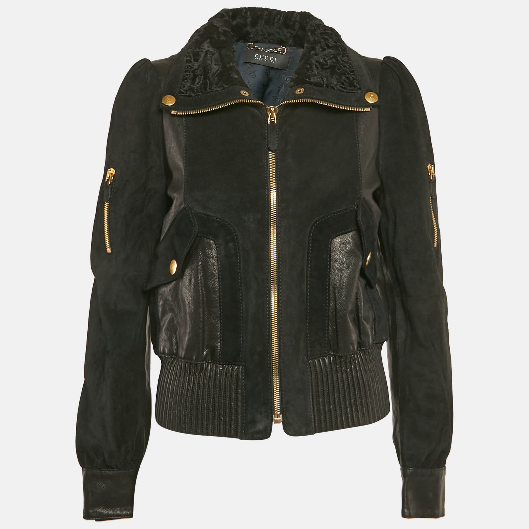 

Gucci Black Leather Zip-Up Fur Collar Detail Biker Jacket M
