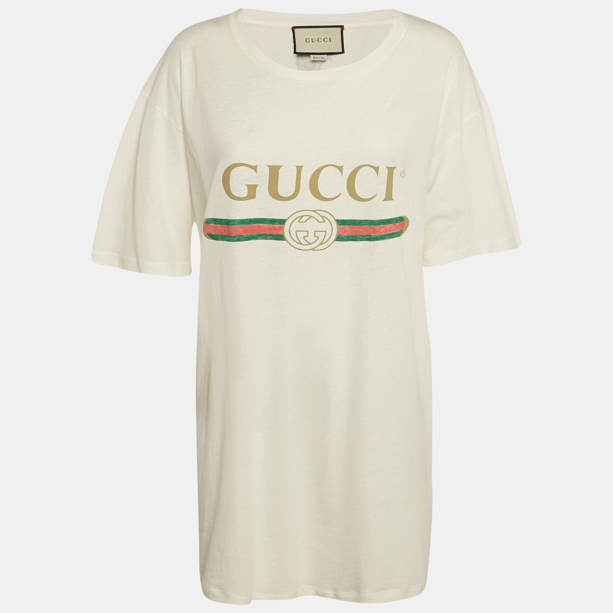 

Gucci White Distressed Logo Print Cotton Oversized T-Shirt L