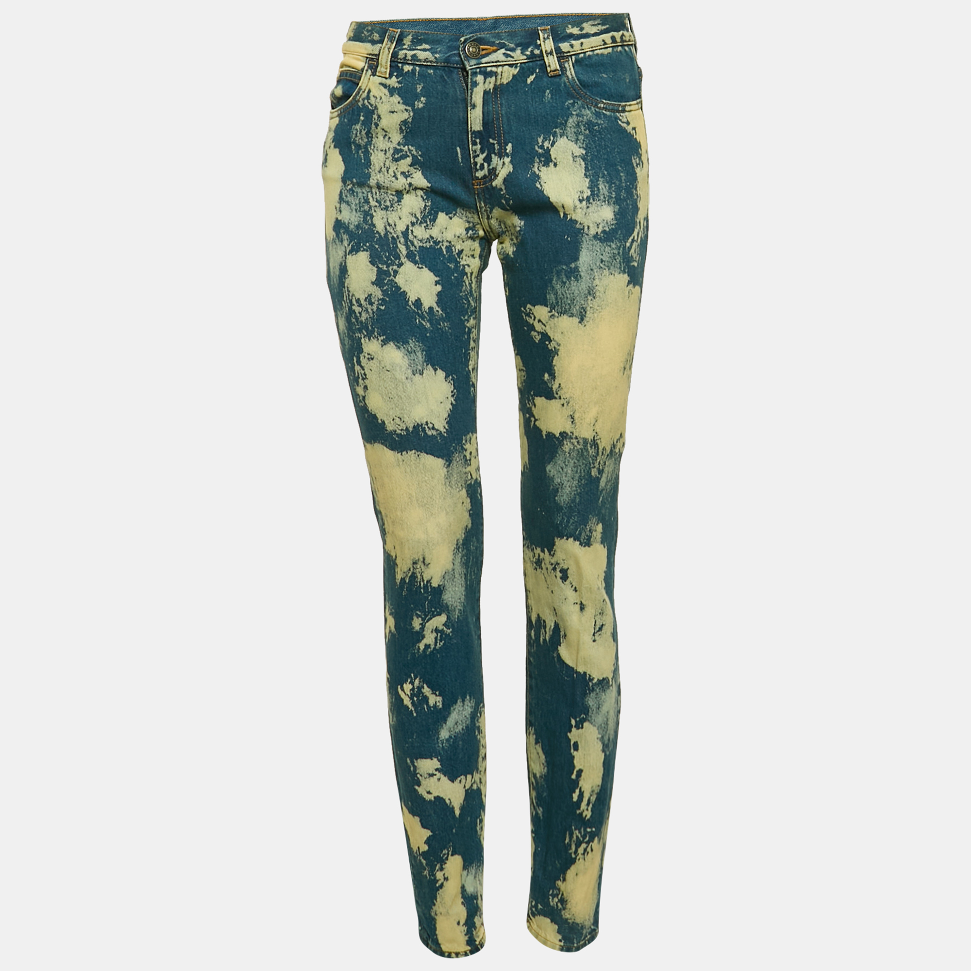 

Gucci Blue/Cream Bleached Effect Denim Cat Applique Jeans S Waist 28"