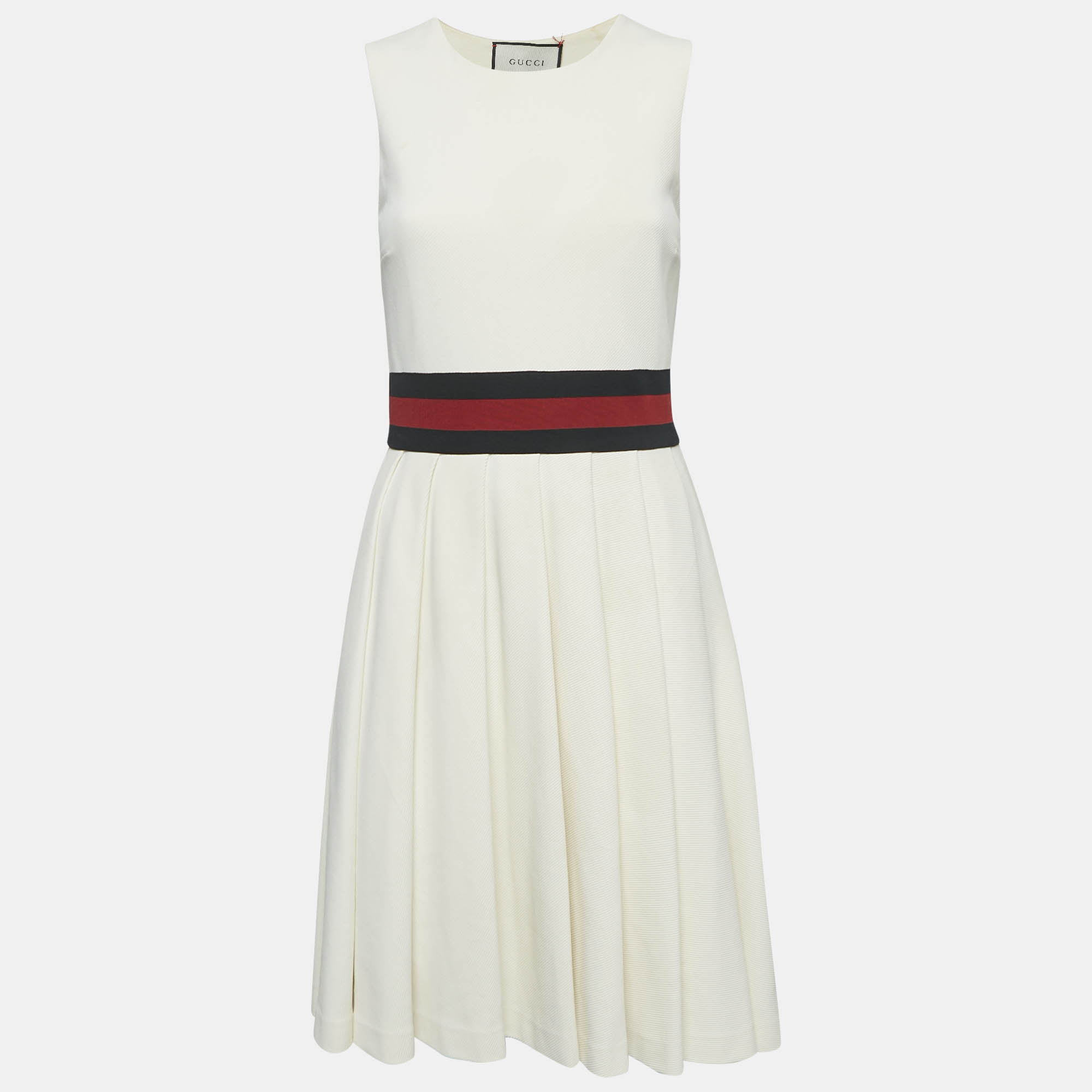 

Gucci Cream Textured Knit Web Trim Flared Short Dress S