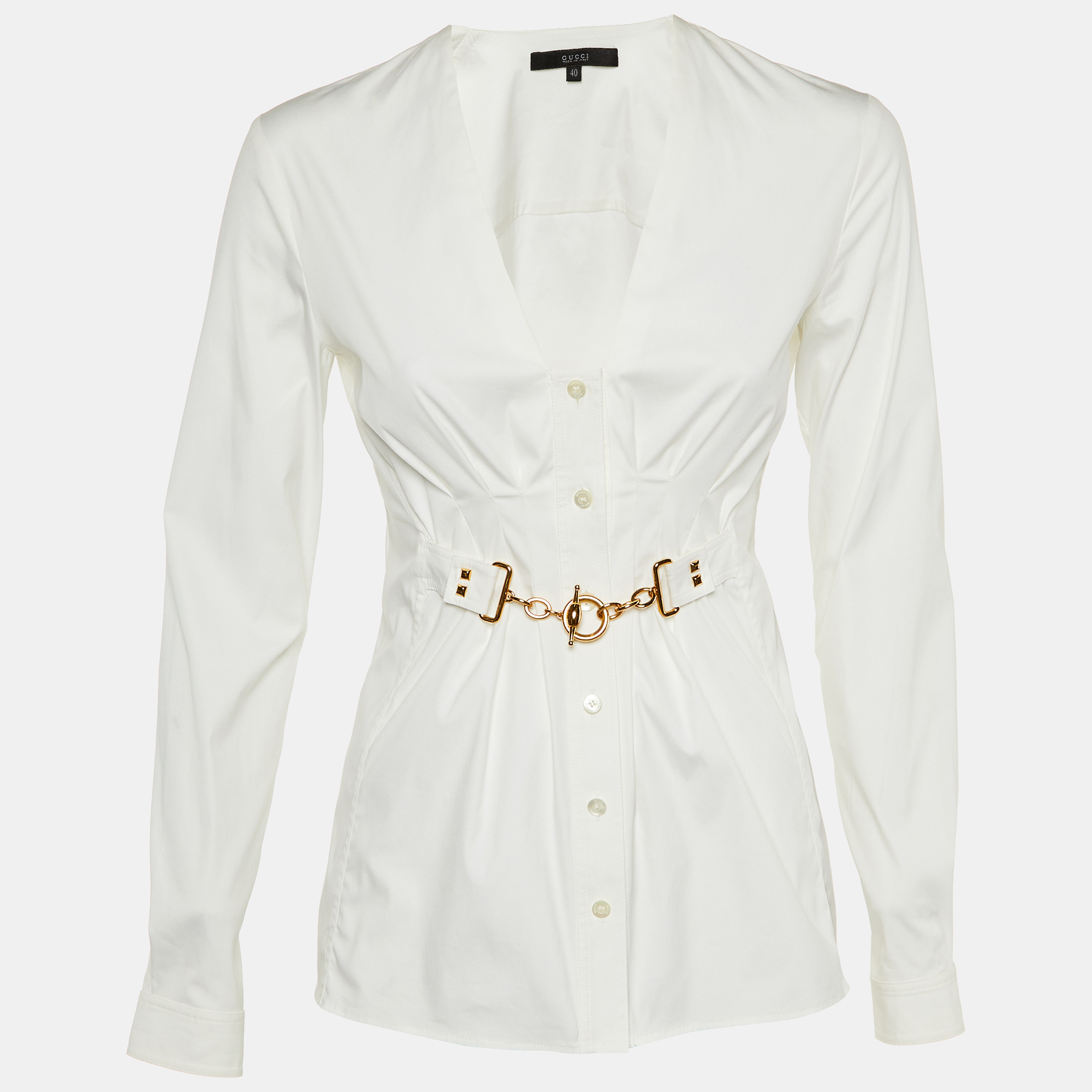 

Gucci White Cotton Chain Detail V-Neck Top S