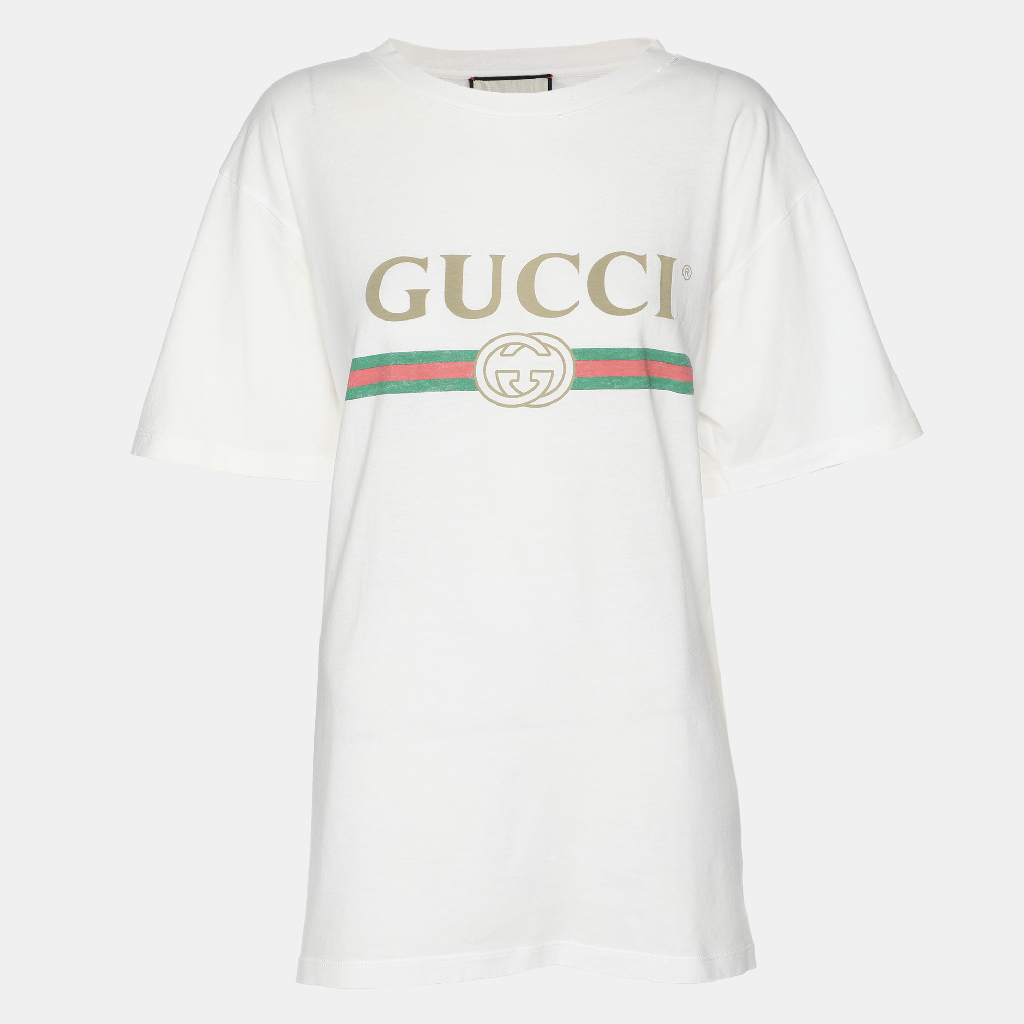 

Gucci White Vintage Logo Print Jersey Distressed T-Shirt S