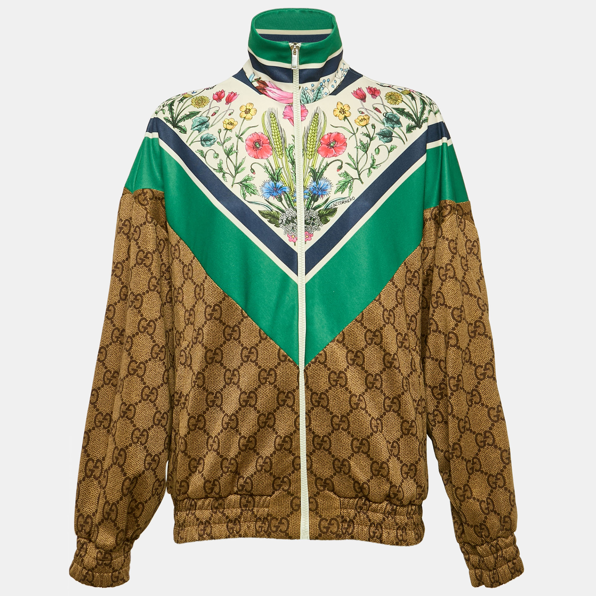 Pre-owned Gucci Brown/green Floral And Gg Print Jersey Zip-up Track Jacket Xxs