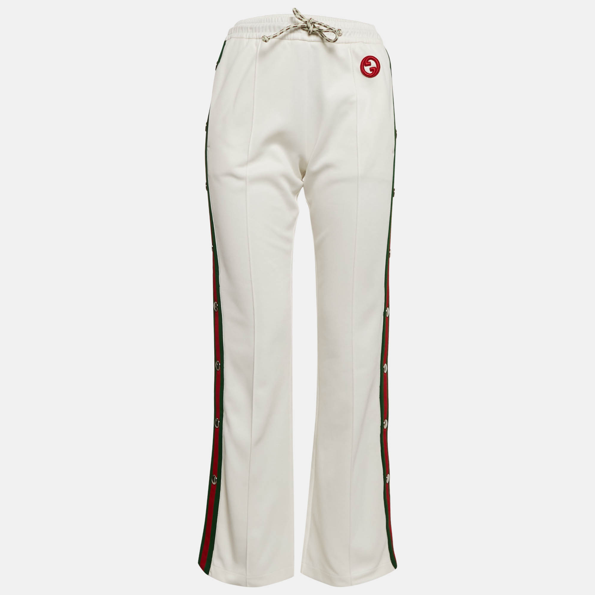 Pre-owned Gucci White Web Trim Jersey Buttoned Slit Detail Track Pants Xs