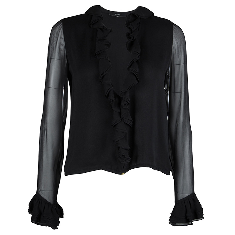 Gucci Black Silk Ruffle Detail Long Sleeve Sheer Blouse S