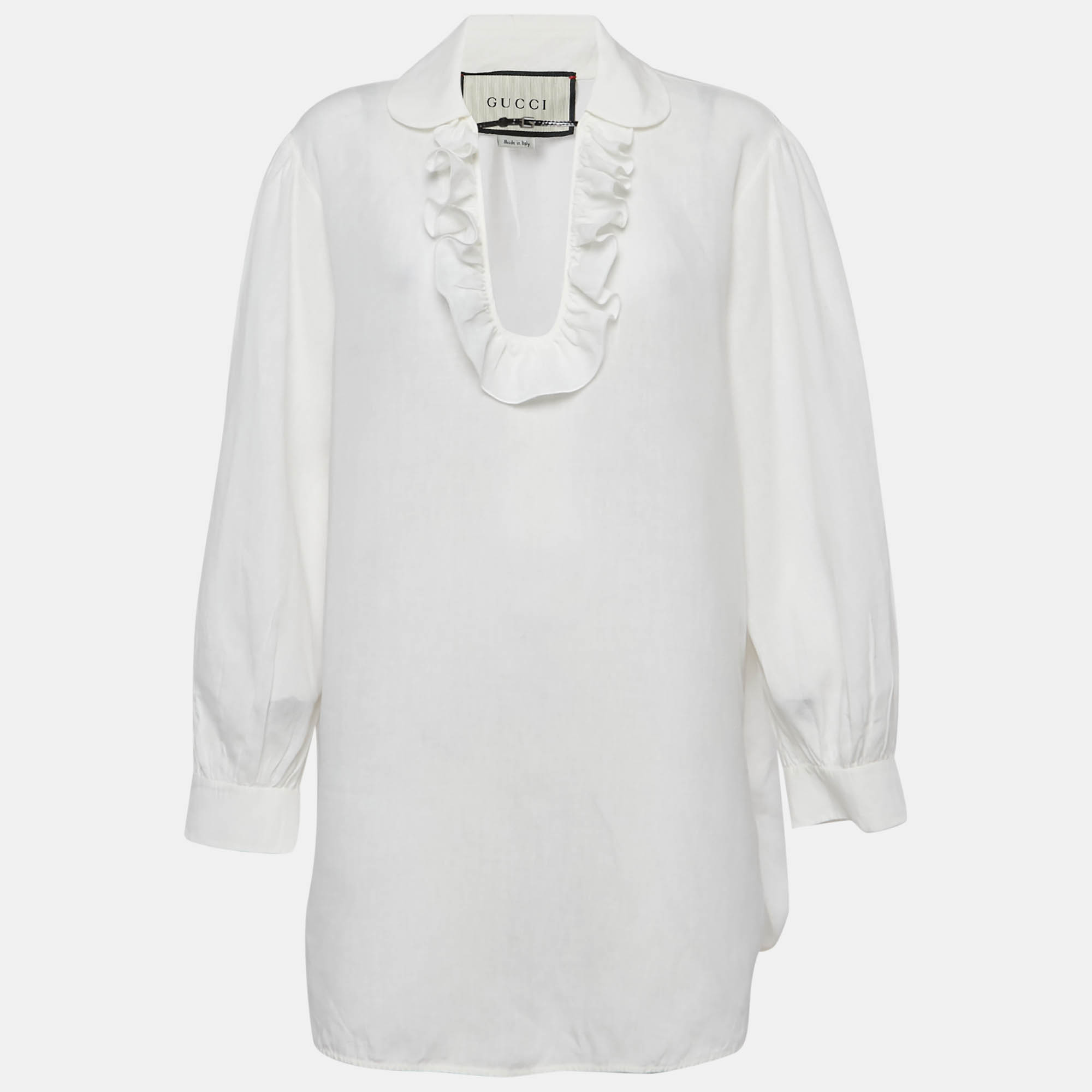 

Gucci White Leather Buckle Trim Linen Ruffled Blouse M