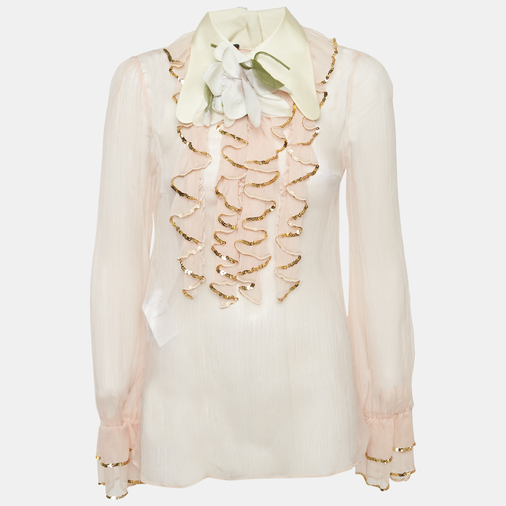 

Gucci Pink Sequin Ruffled Silk Floral Detail Sheer Shirt M