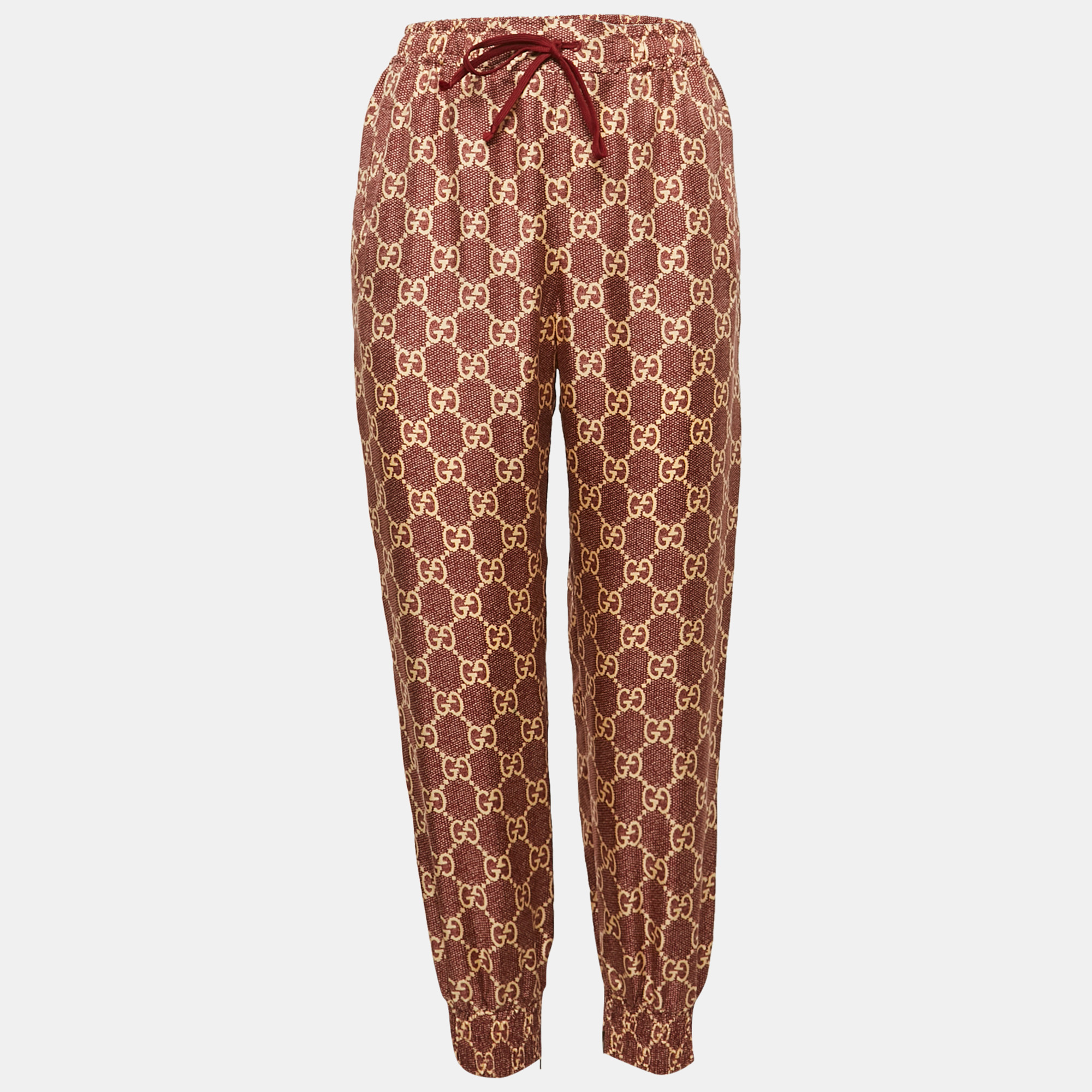 

Gucci Burgundy GG Print Silk Side Tape Trimmed Joggers S