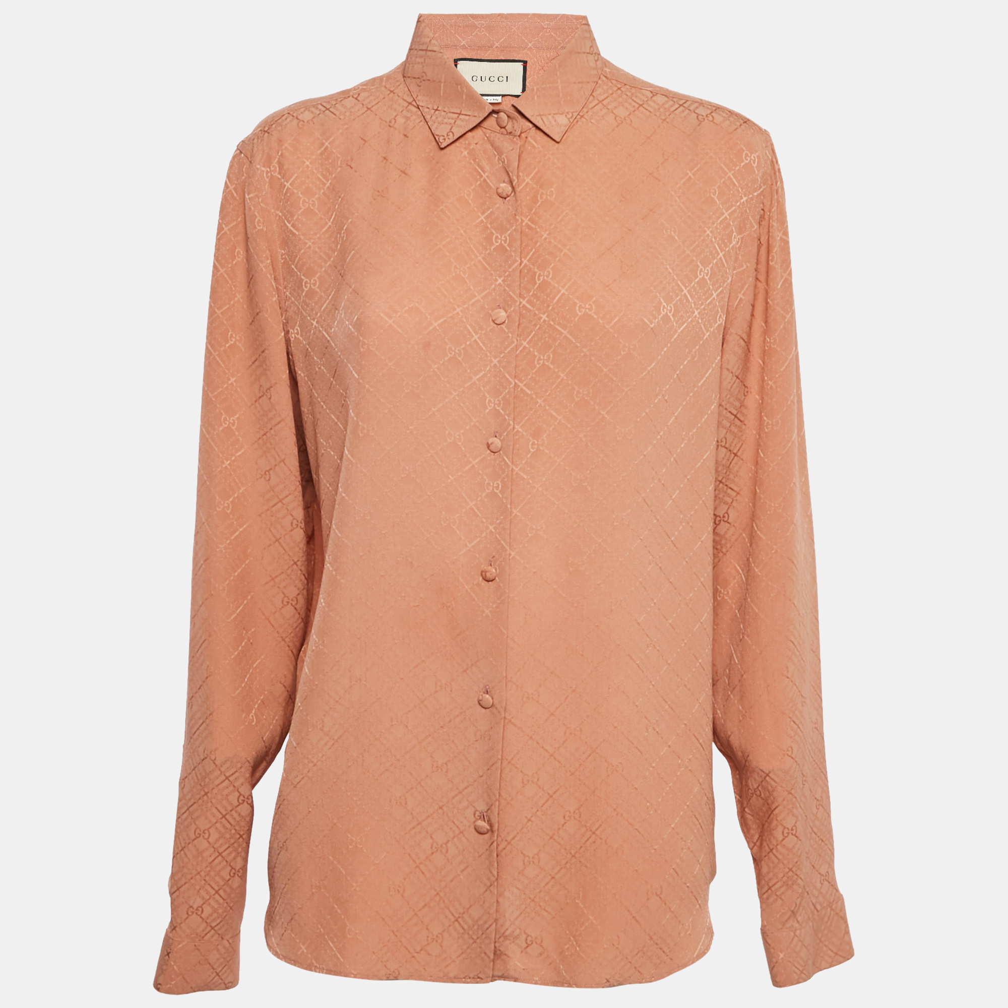 

Gucci Coral Rose Pink Monogram Jacquard Silk Button Front Shirt L