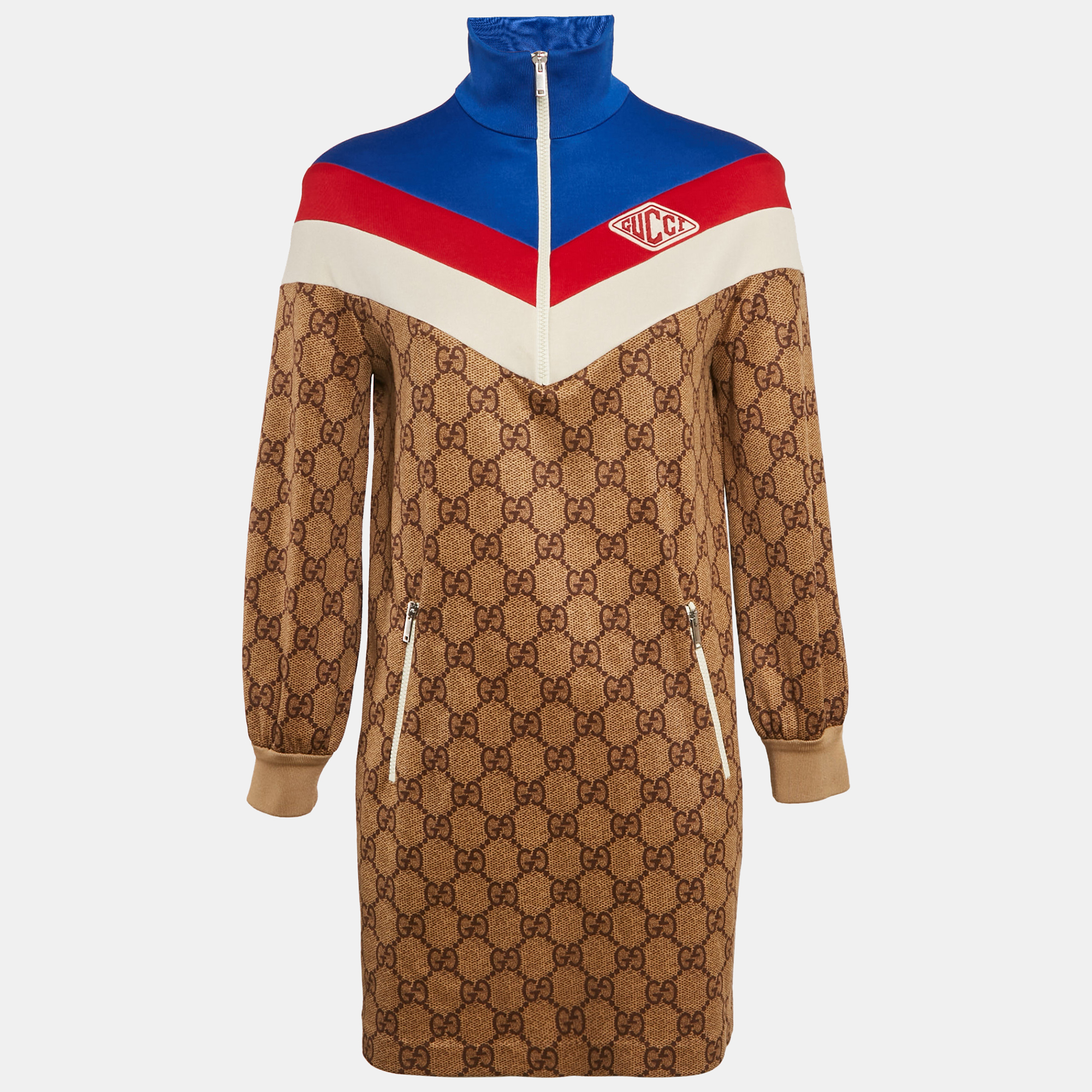 

Gucci Brown GG Monogram Print Technical Jersey Web Detail Mini Dress XS