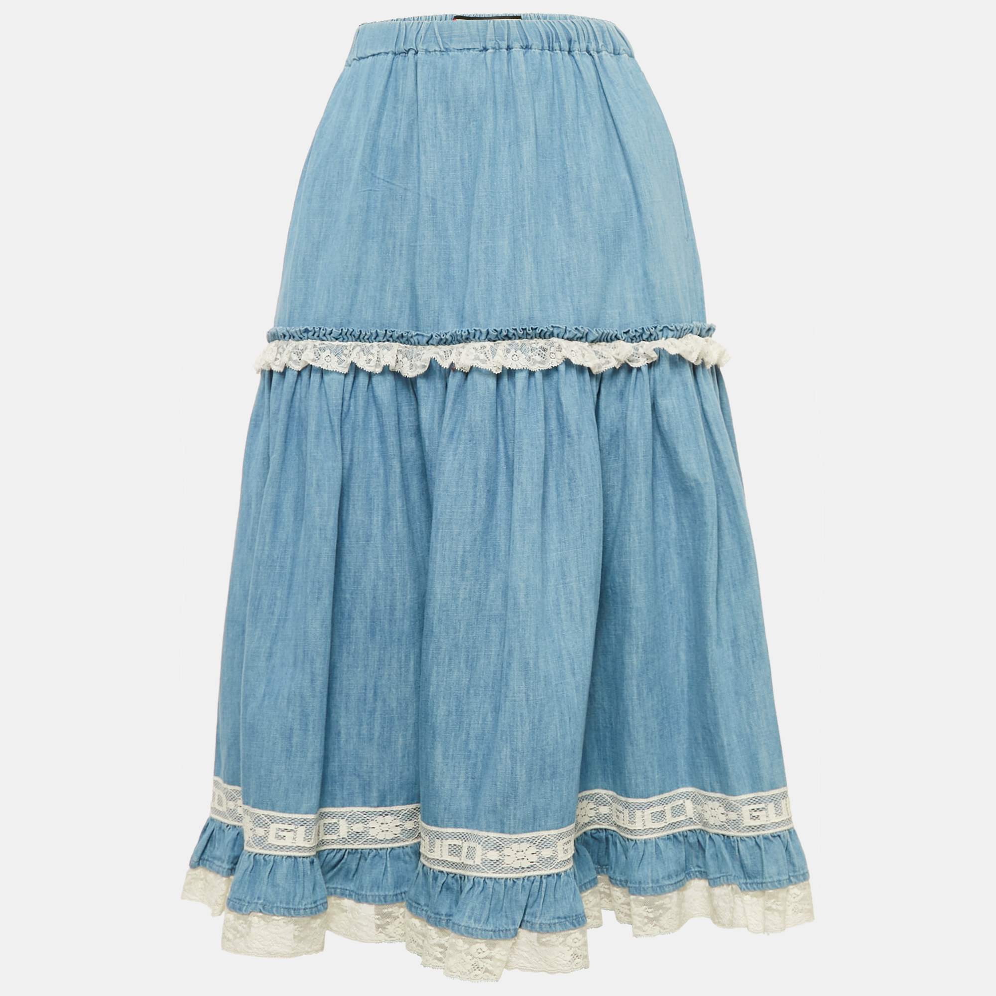

Gucci Blue Lace Trim Chambray Tiered Midi Skirt S