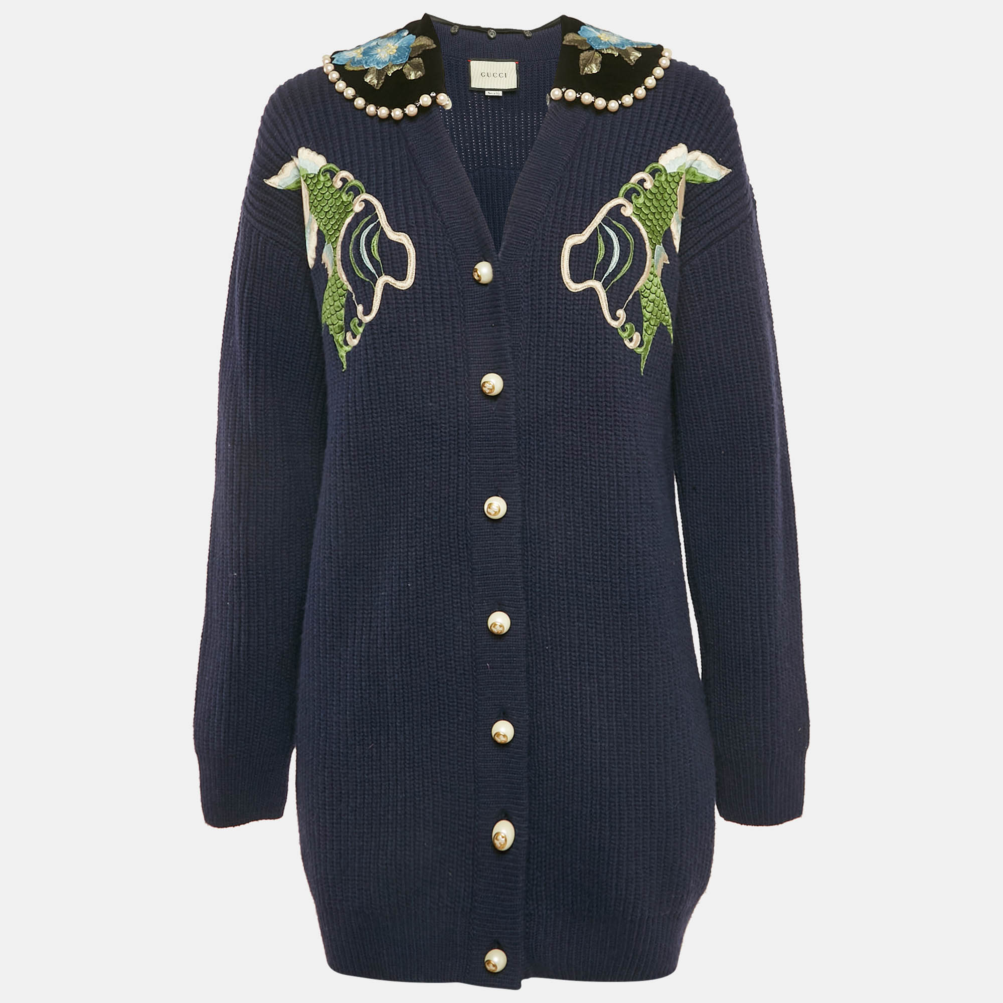 

Gucci Navy Blue Embroidered Wool Pearl Detail Button Front Cardigan XS