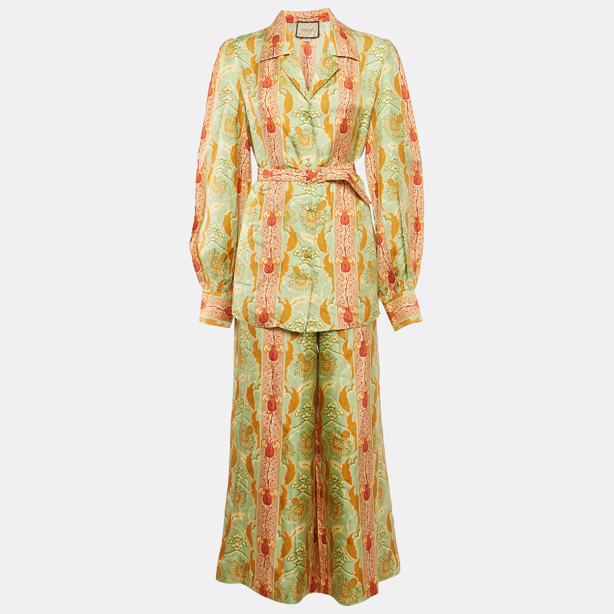 

Gucci Green/Orange Floral Print Silk Shirt and Pants Set L