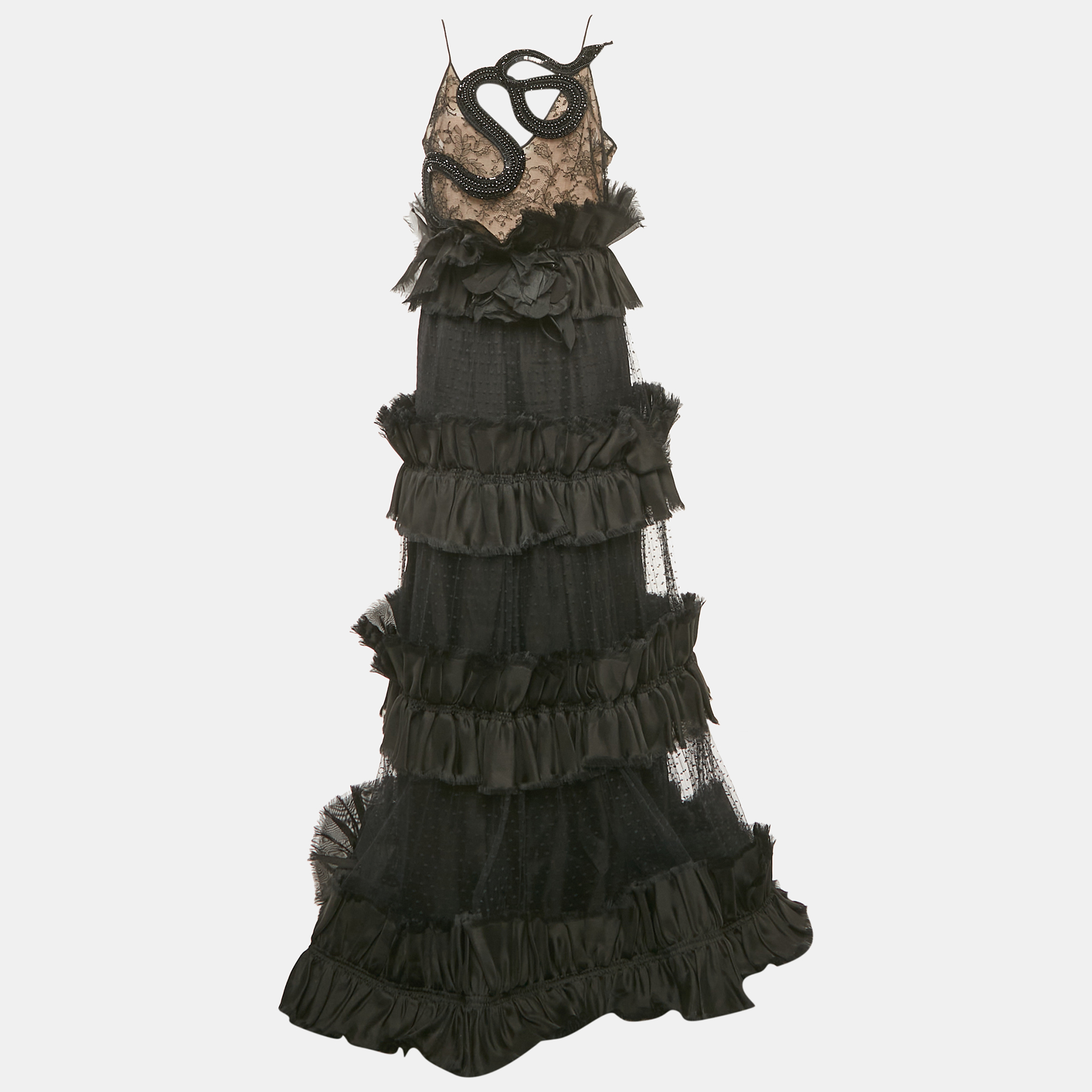 

Gucci Black Beaded Crepe and Tulle Tiered Gown M