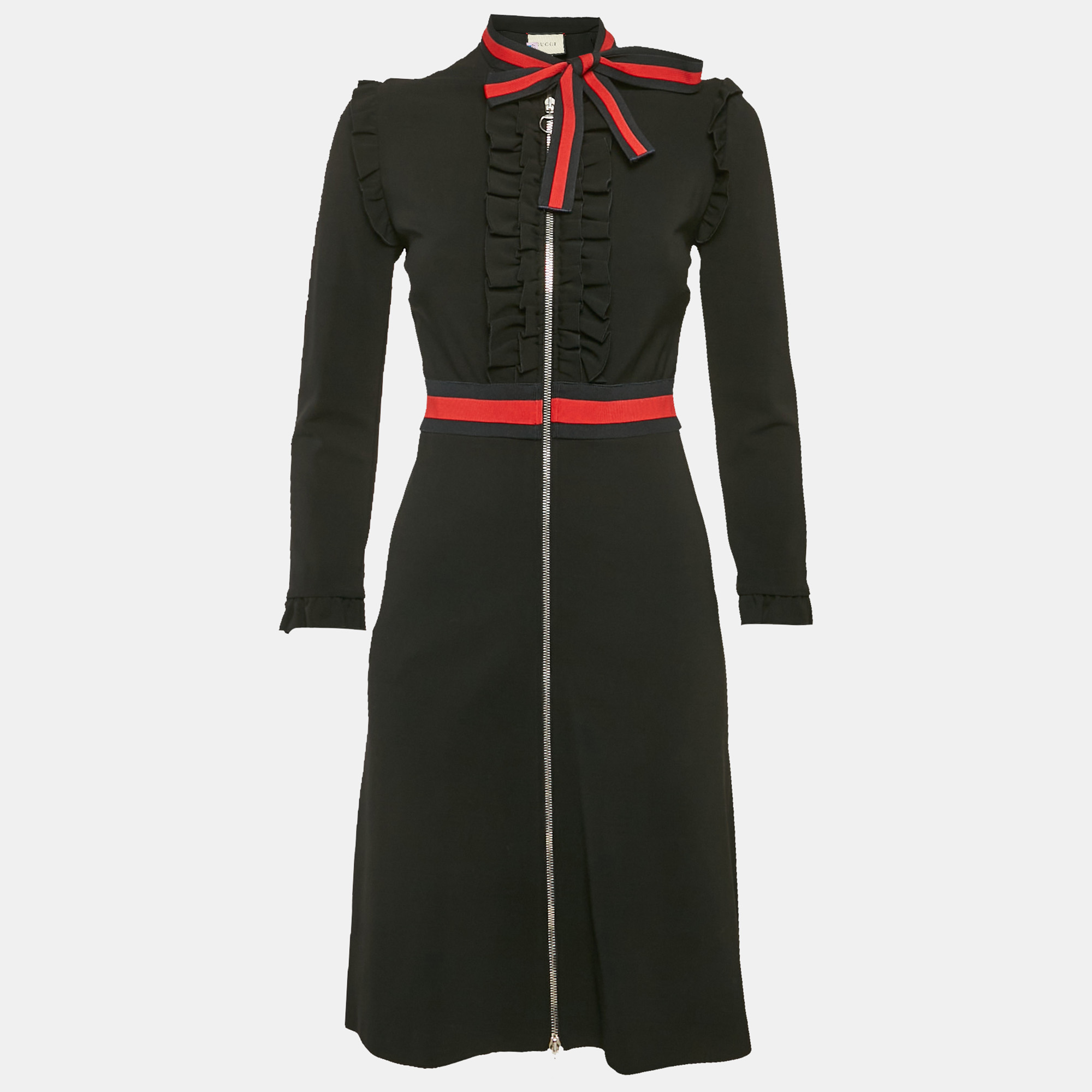 

Gucci Black Crepe Web Detail Ruffled Knee Length Dress S