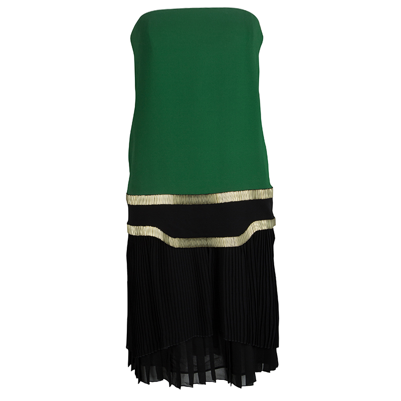 Pre Owned فستان غوتشي حرير أخضر وأسود بليسيه مزخرف بلا حمالات M