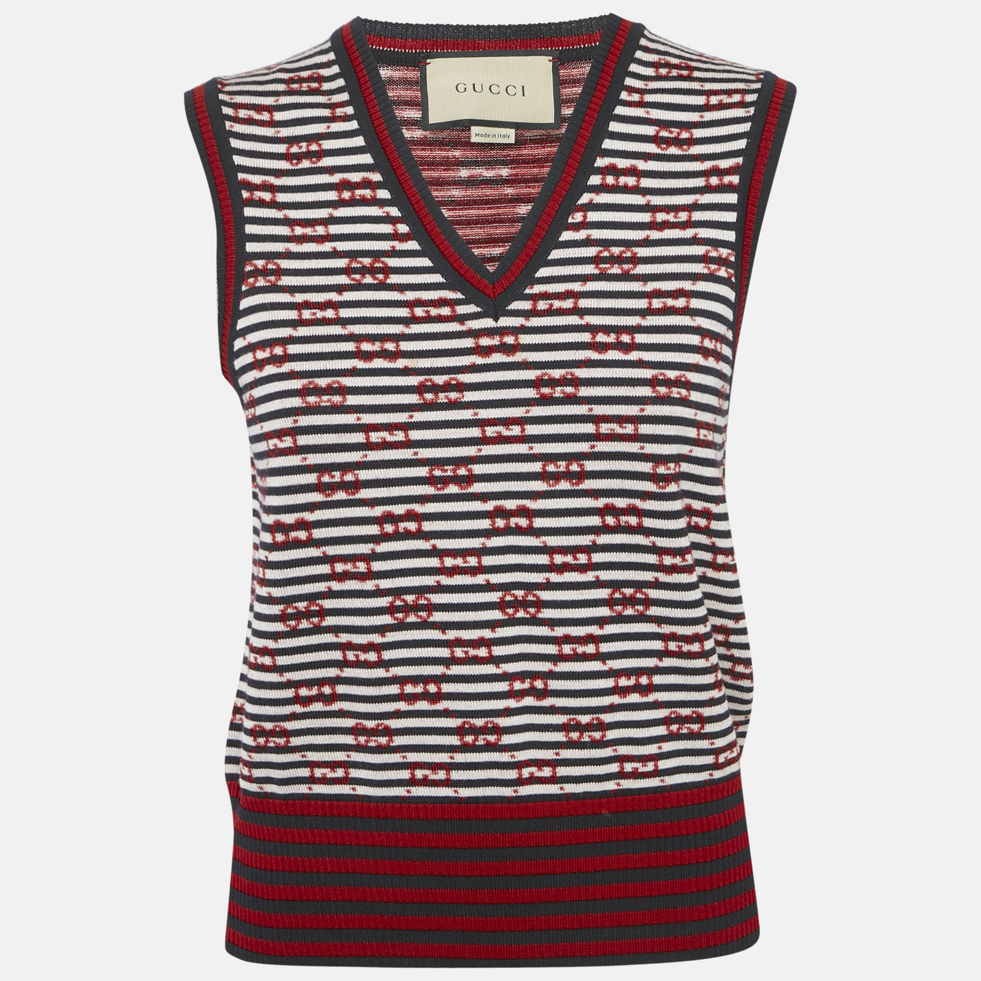 

Gucci Navy Blue GG Striped Knit Sleeveless Jumper L