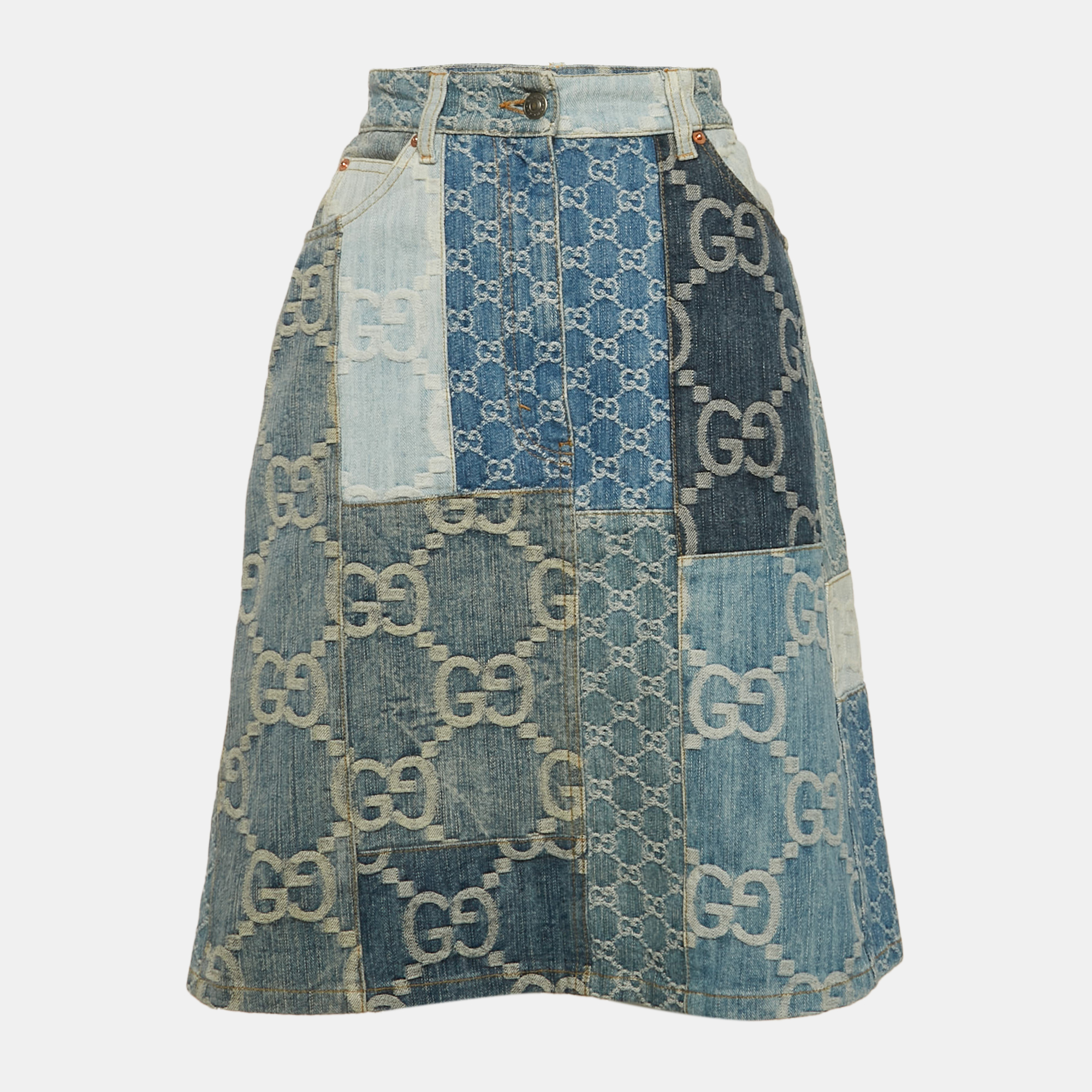

Gucci Blue GG Patchwork Denim High Waist Skirt M