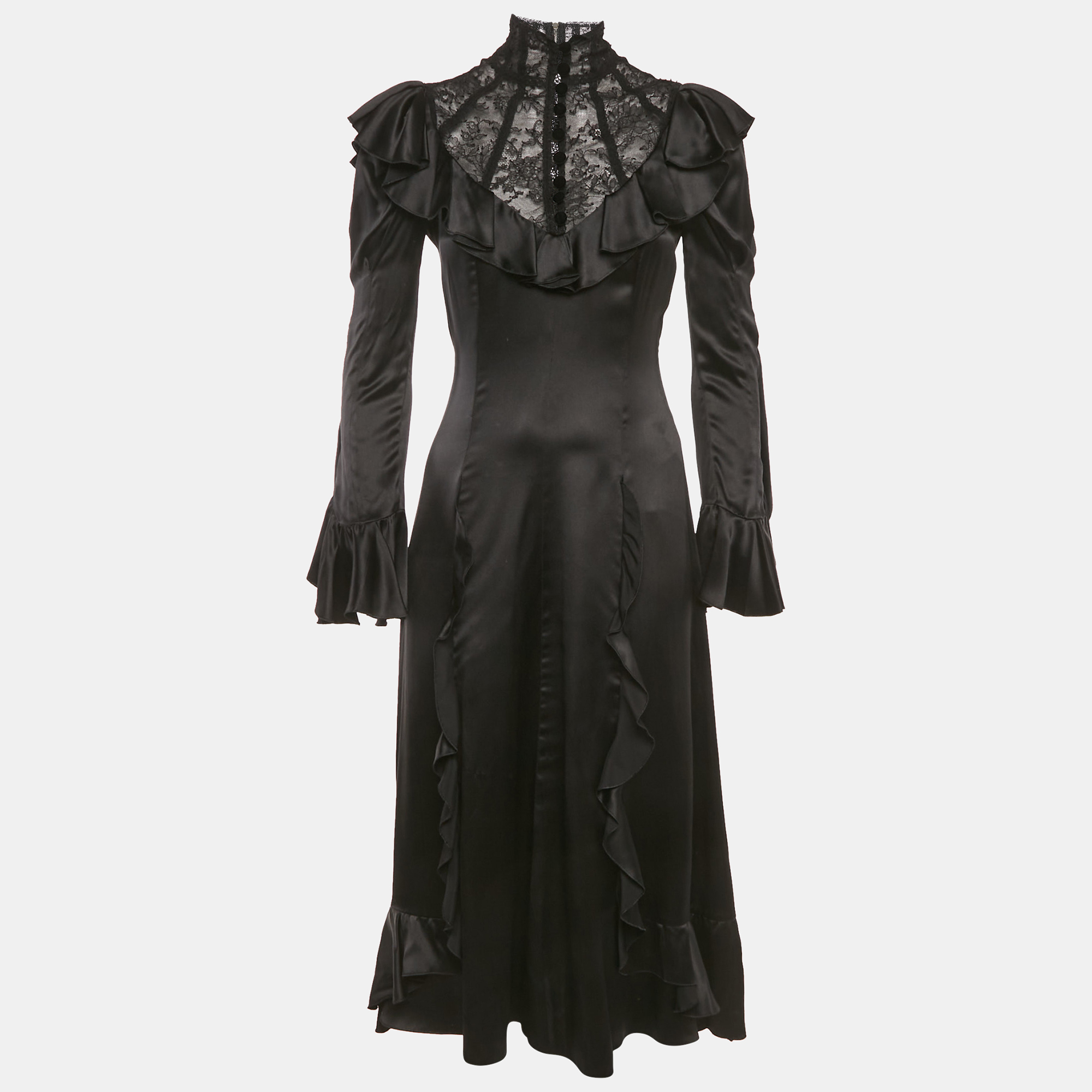 

Gucci Black Lace Trim Satin Ruffled Midi Dress S, Blue