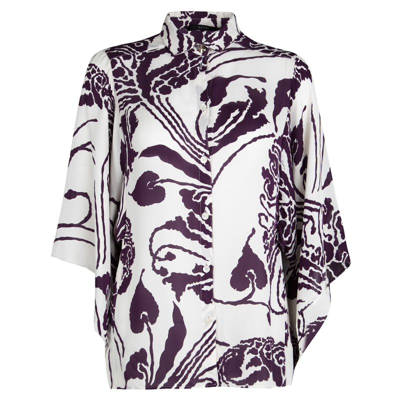 Gucci Purple and White Printed Silk Button Front Blouse S