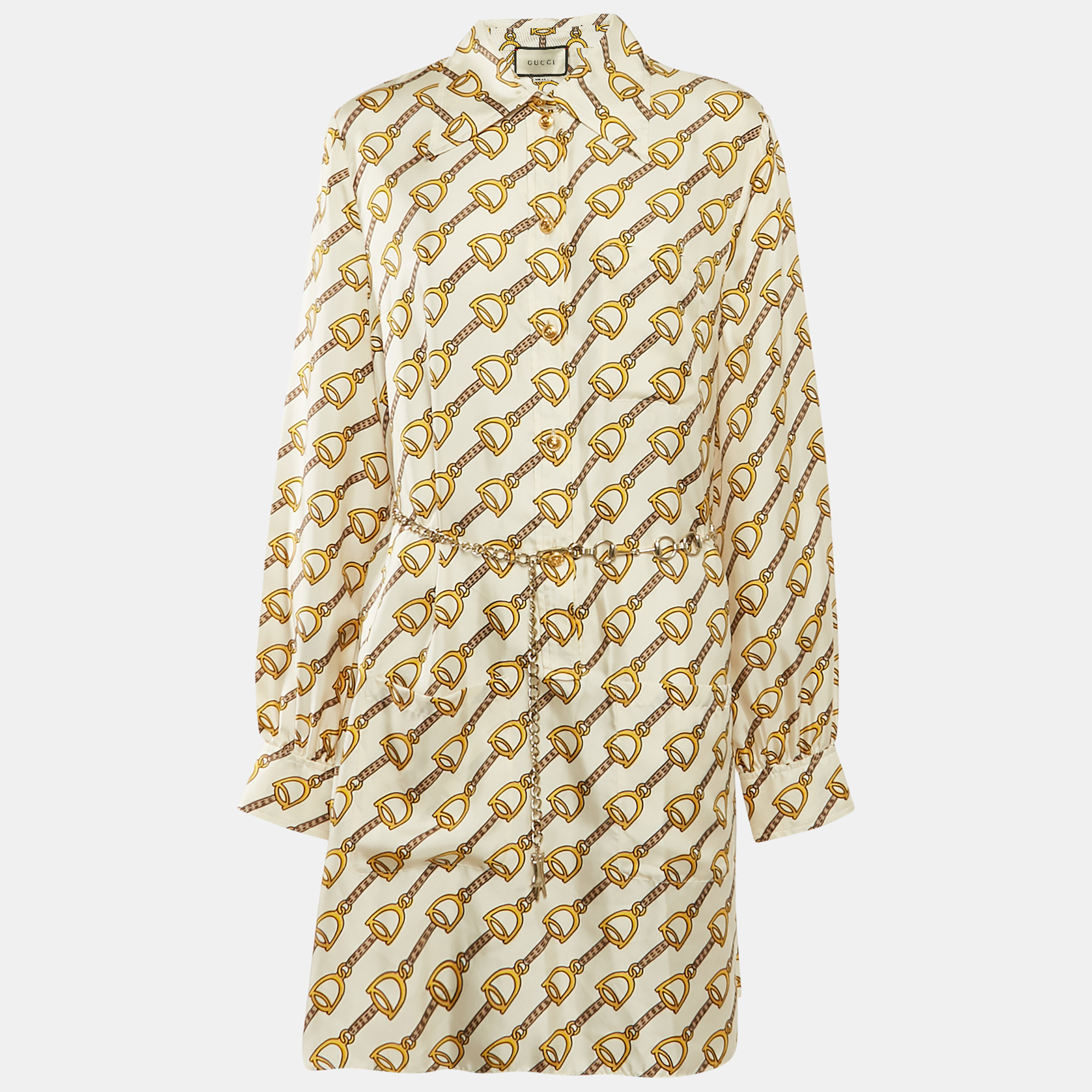 

Gucci Off-White Horse-bit Print Silk Button Front Belted Short Dress L