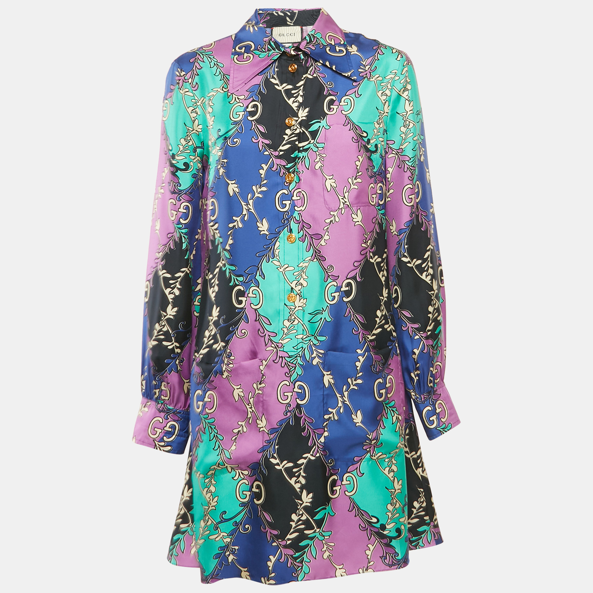 

Gucci Purple GG Rhombus Ramage Silk Shirt Dress M