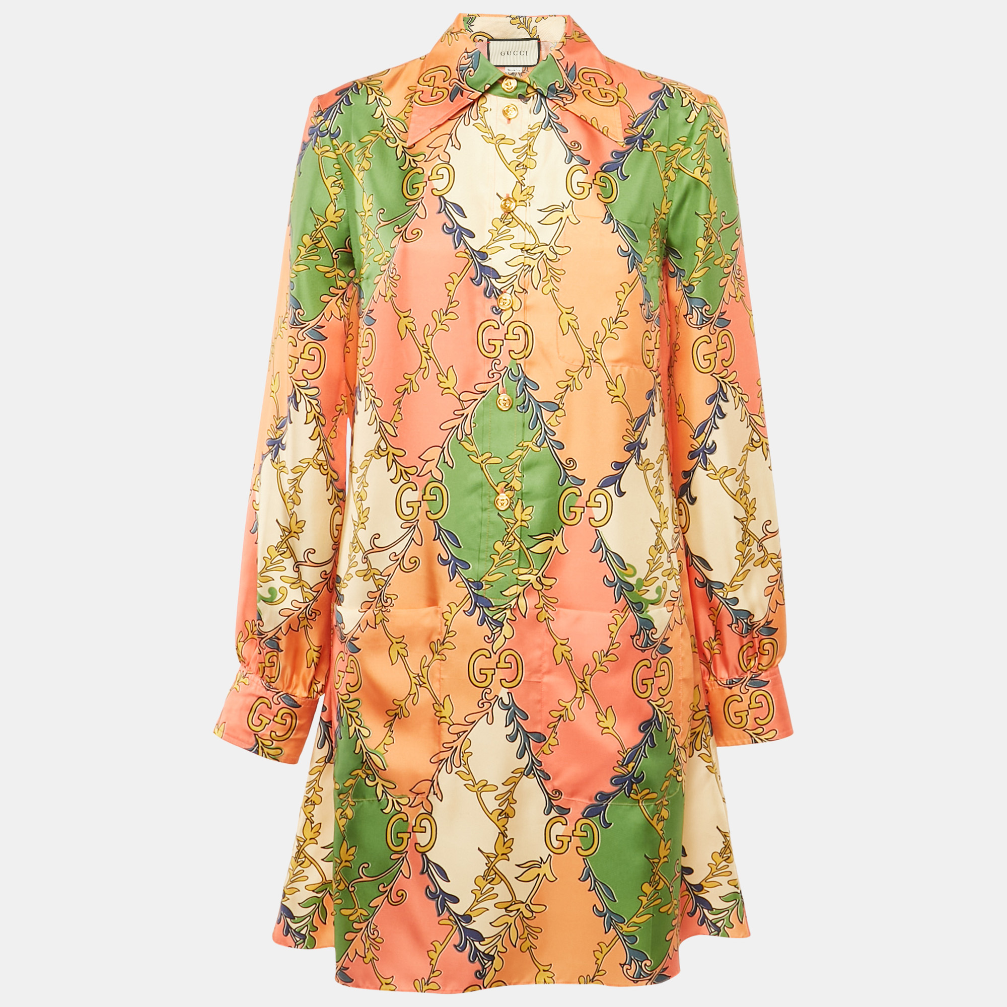 

Gucci Orange GG Rhombus Ramage Silk Shirt Dress M