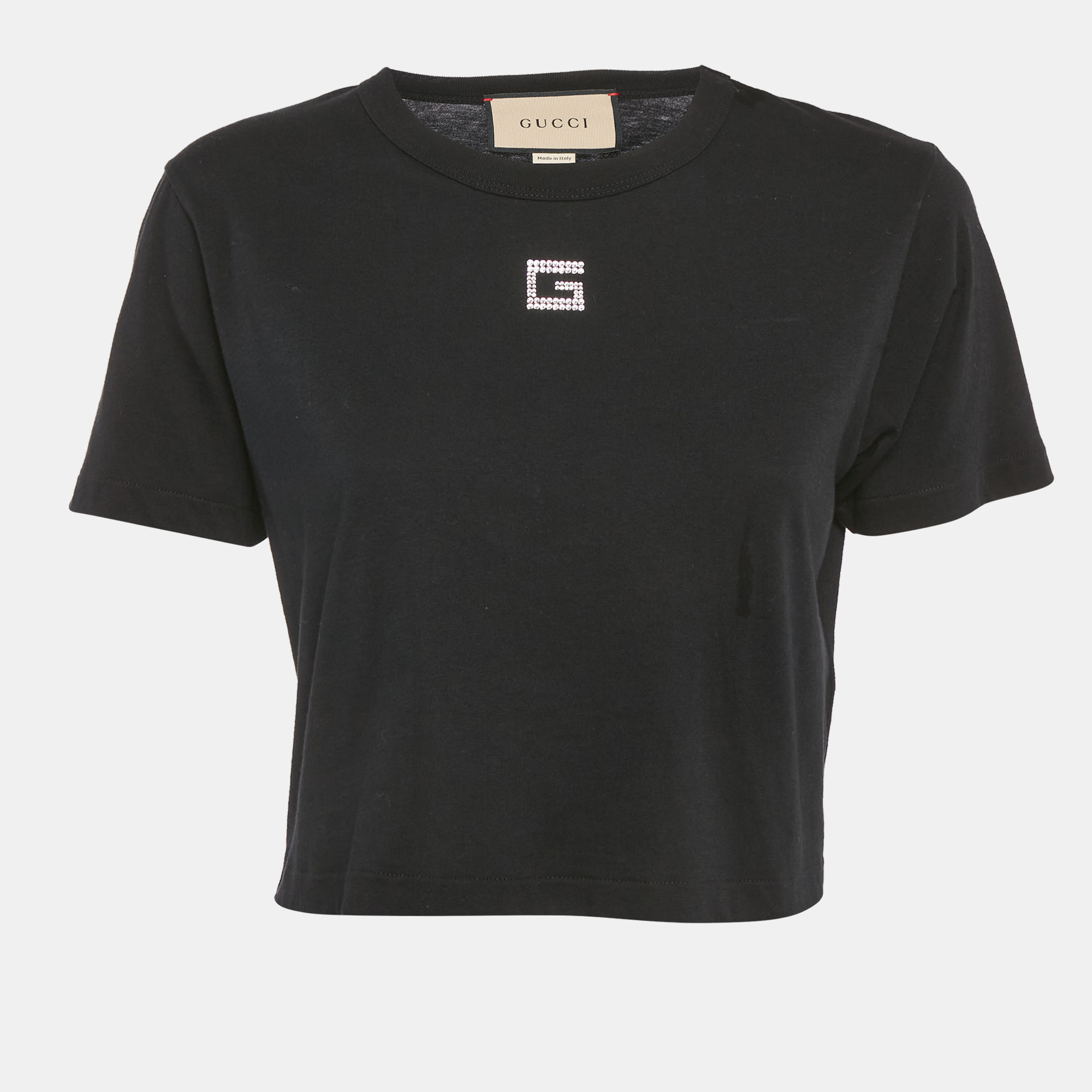 Pre-owned Gucci Black G Rhinestone Jersey Crop T-shirt S