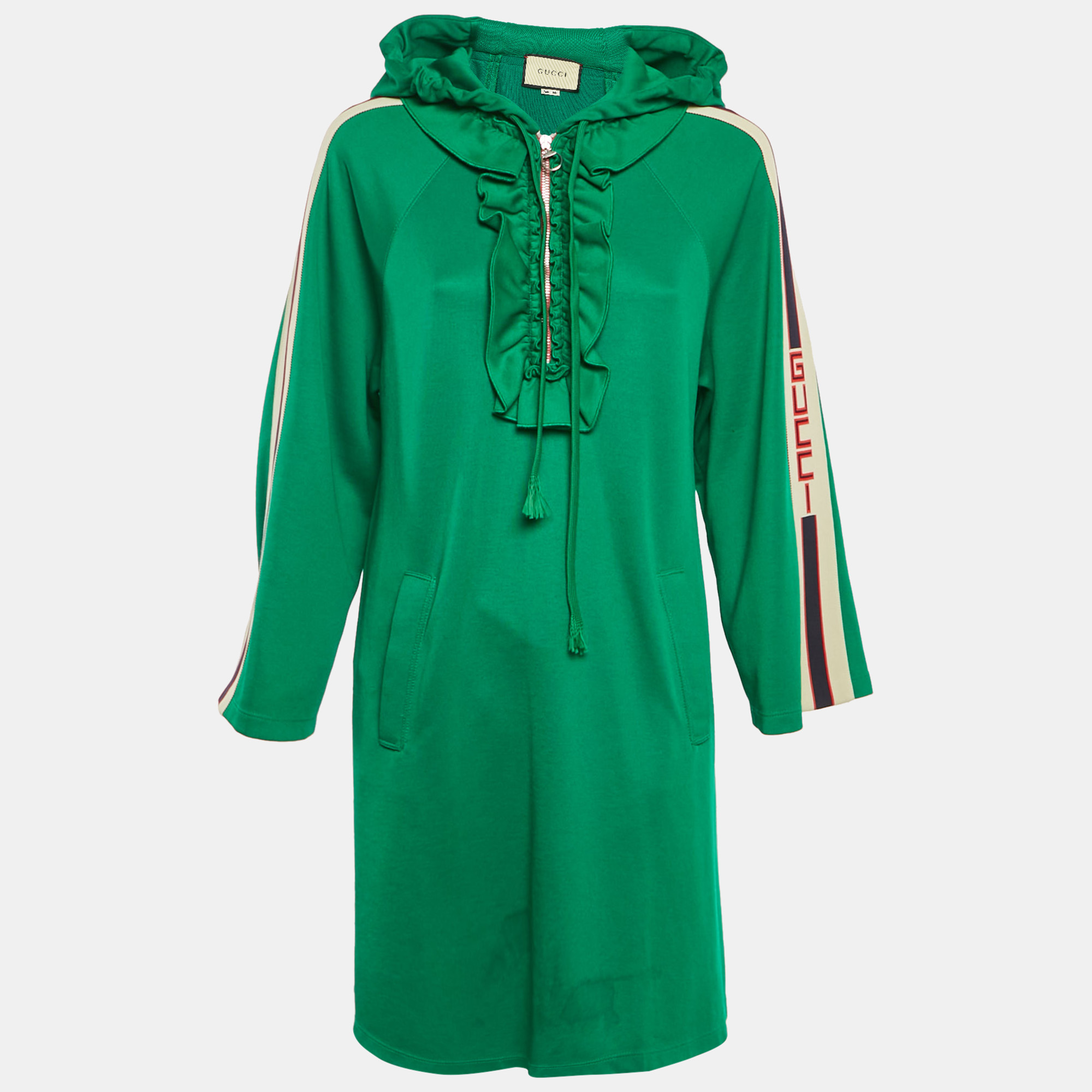 Gucci Green Cotton Jersey Ruffled Hooded Mini Dress M