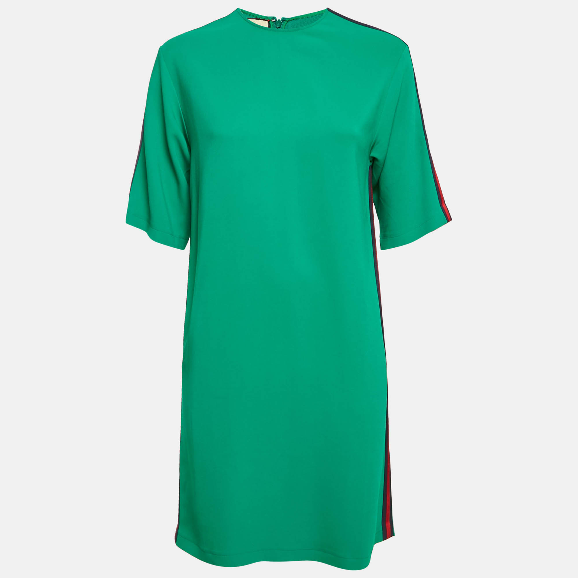 Gucci Green Crepe Web Stripe Trim Detail Mini Dress S