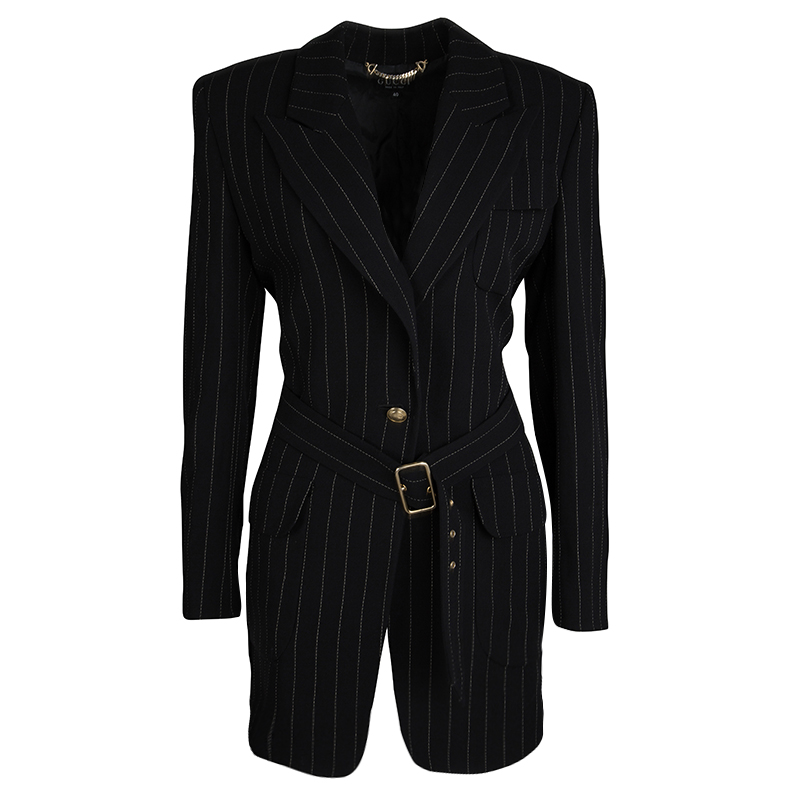Pre Owned Gucci Black Wool Pinstriped Belted Long Blazer S